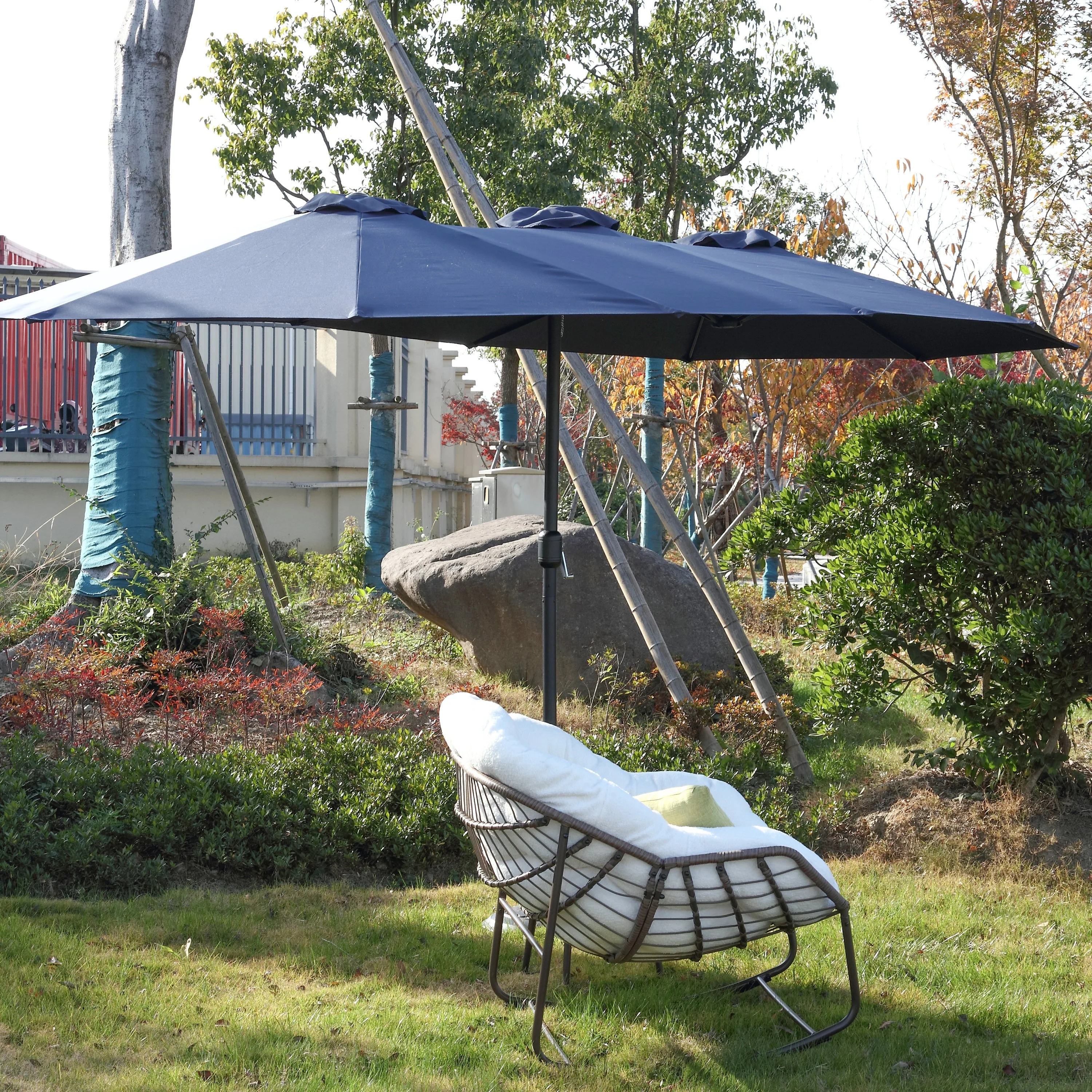 14.8 Ft Double Sided Outdoor Umbrella Rectangular Large with Crank (Navy Blue) (No Base) - Image 7