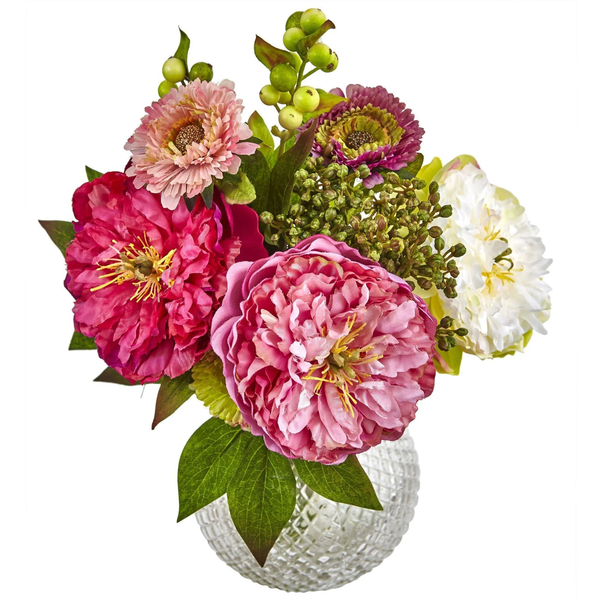 14" Artificial Peony and Mum in Glass Vase" - Image 2