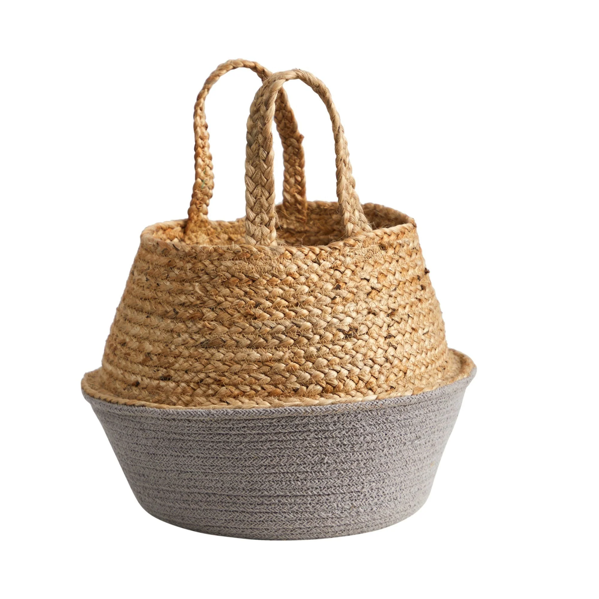 14” Boho Chic Handmade Cotton & Jute Gray Woven  Planter - Image 2