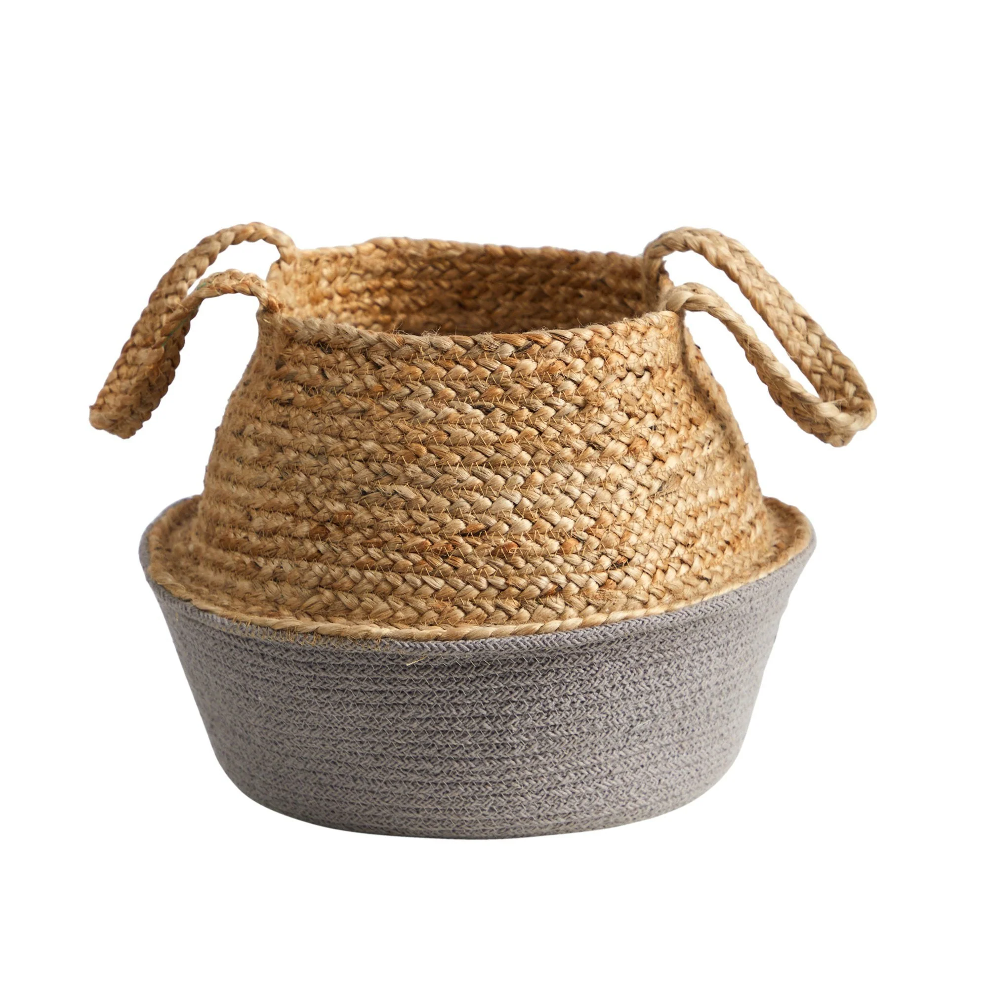 14” Boho Chic Handmade Cotton & Jute Gray Woven  Planter - Image 3