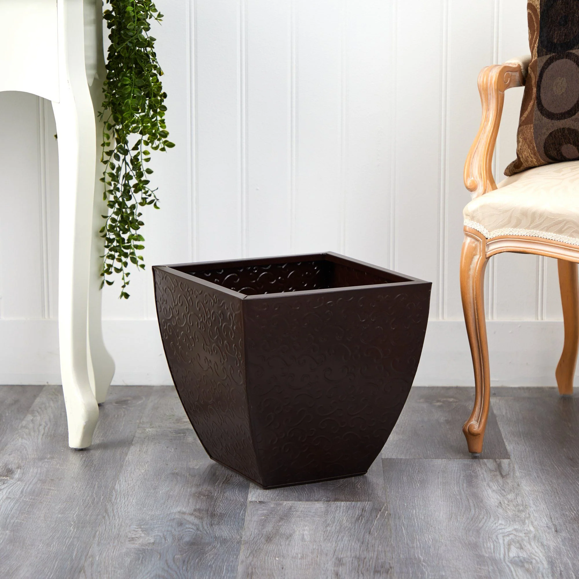 14” Embossed Metal Scroll Planter - Image 3