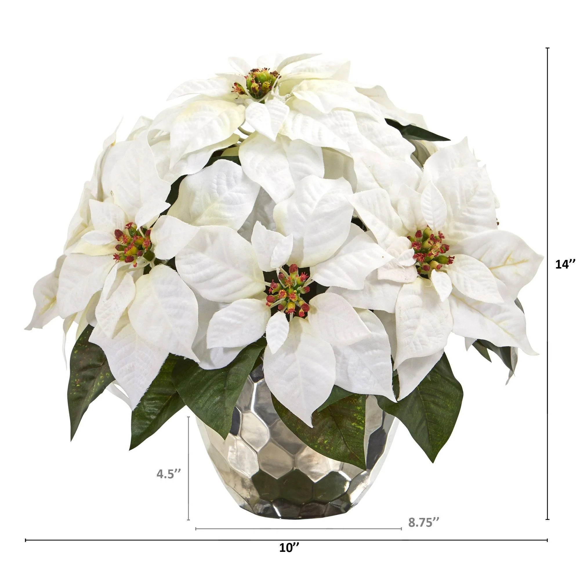 14” Poinsettia Artificial Arrangement in Designer Silver Bowl - Image 2