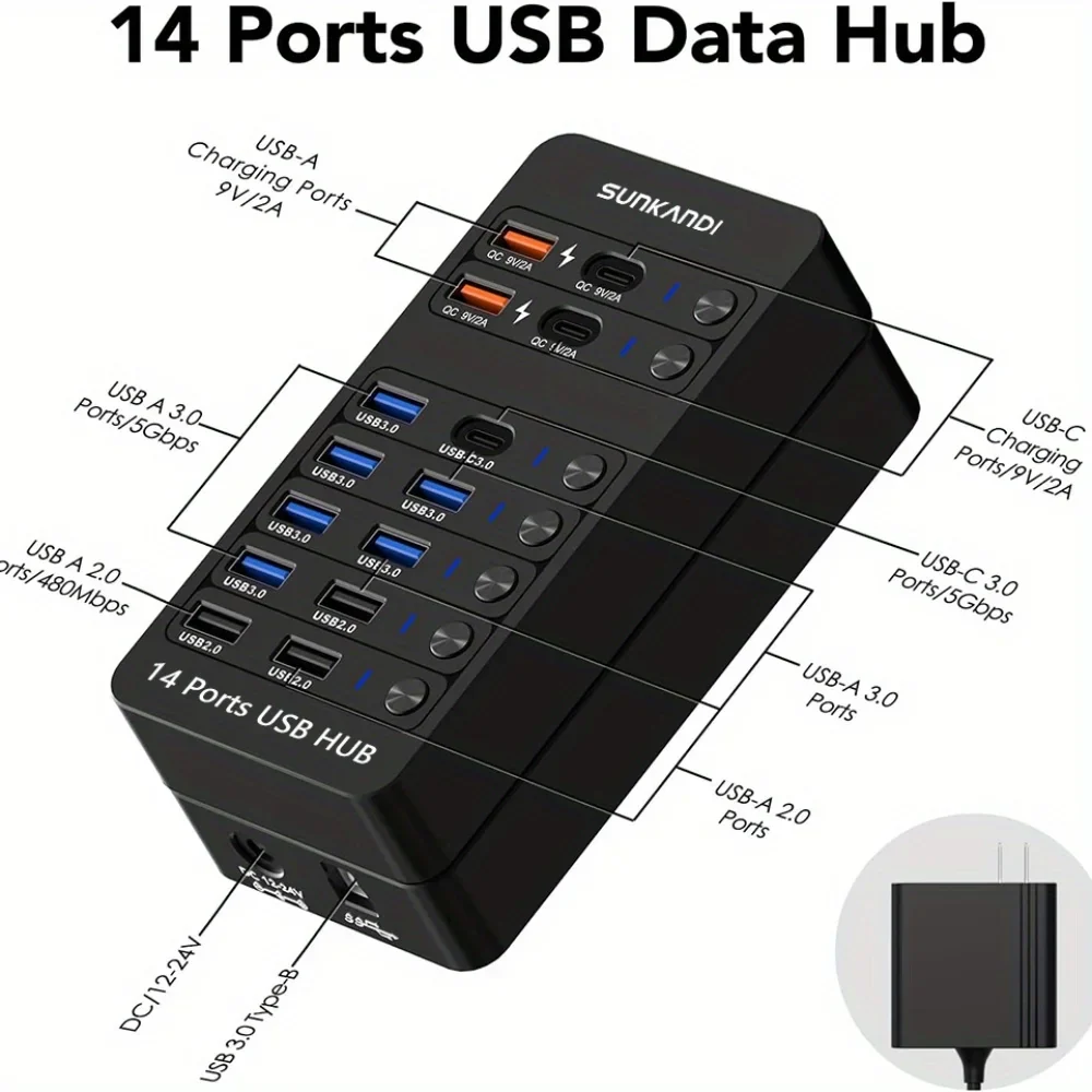 14 Port Powered USB Hub USB 3.0 USB C with Switch Charging for PC Laptop - Image 2