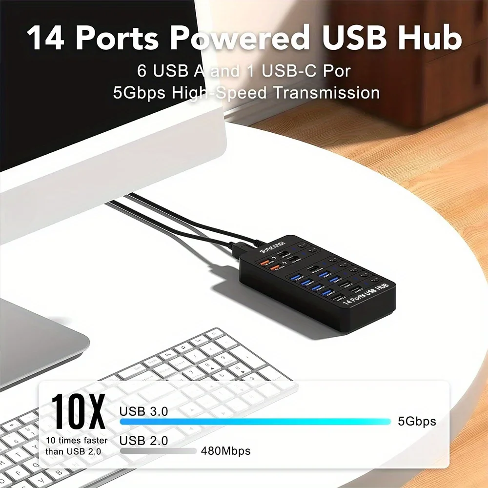 14 Port Powered USB Hub USB 3.0 USB C with Switch Charging for PC Laptop - Image 3