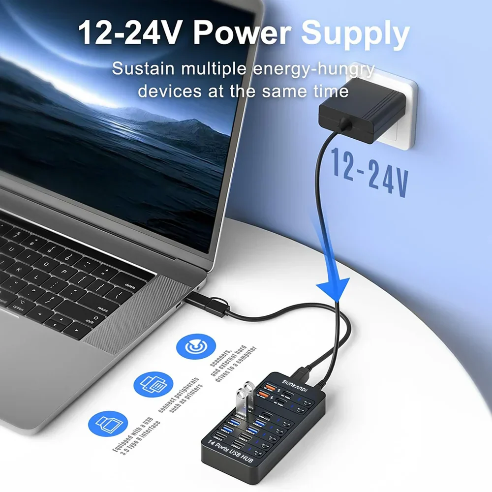 14 Port Powered USB Hub USB 3.0 USB C with Switch Charging for PC Laptop - Image 4