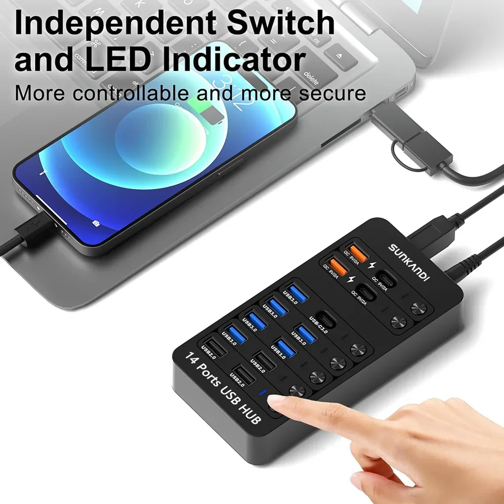 14 Port Powered USB Hub USB 3.0 USB C with Switch Charging for PC Laptop - Image 5