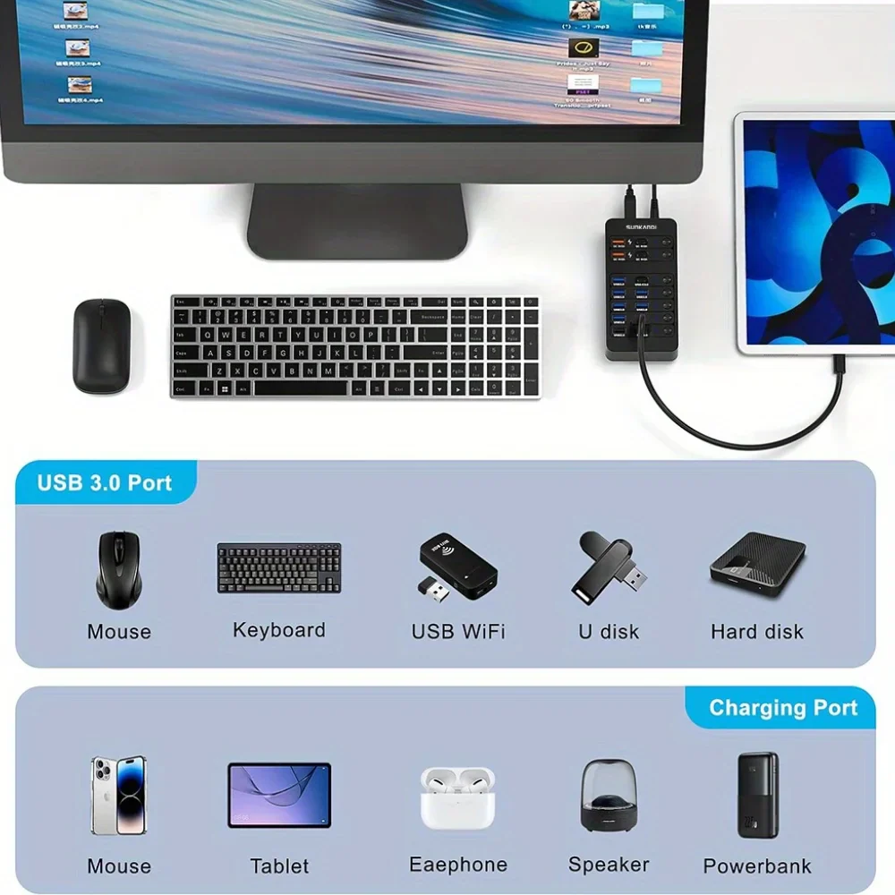 14 Port Powered USB Hub USB 3.0 USB C with Switch Charging for PC Laptop - Image 6