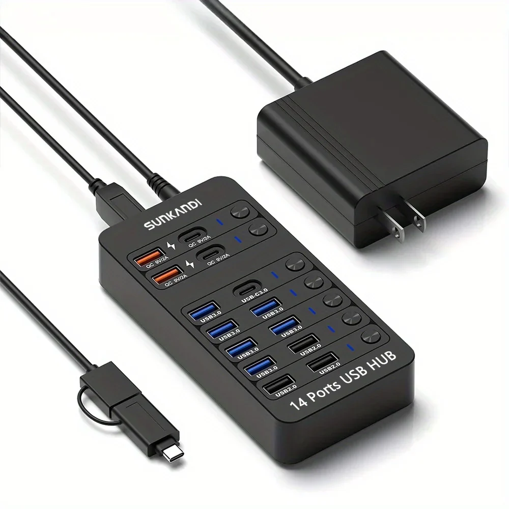 14 Port Powered USB Hub USB 3.0 USB C with Switch Charging for PC Laptop - Image 7