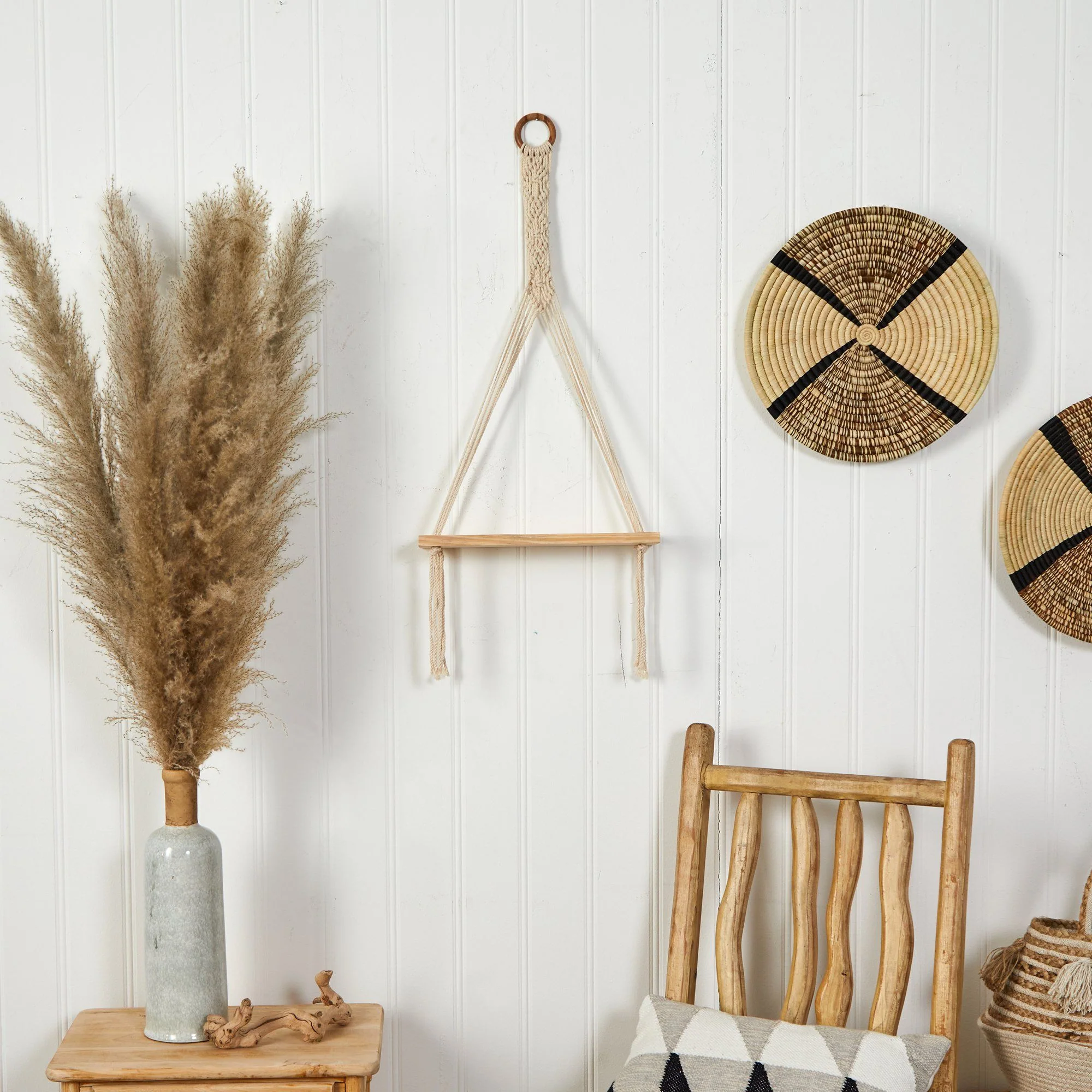 14” x 24” Handmade Macrame Wall Hanging with Wooden Shelf - Image 3