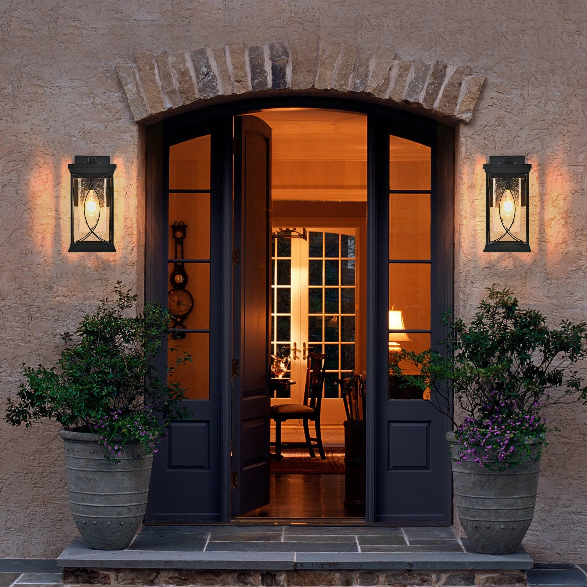 14'(H) Black Outdoor Wall Lantern with Crackled Glass - Image 3
