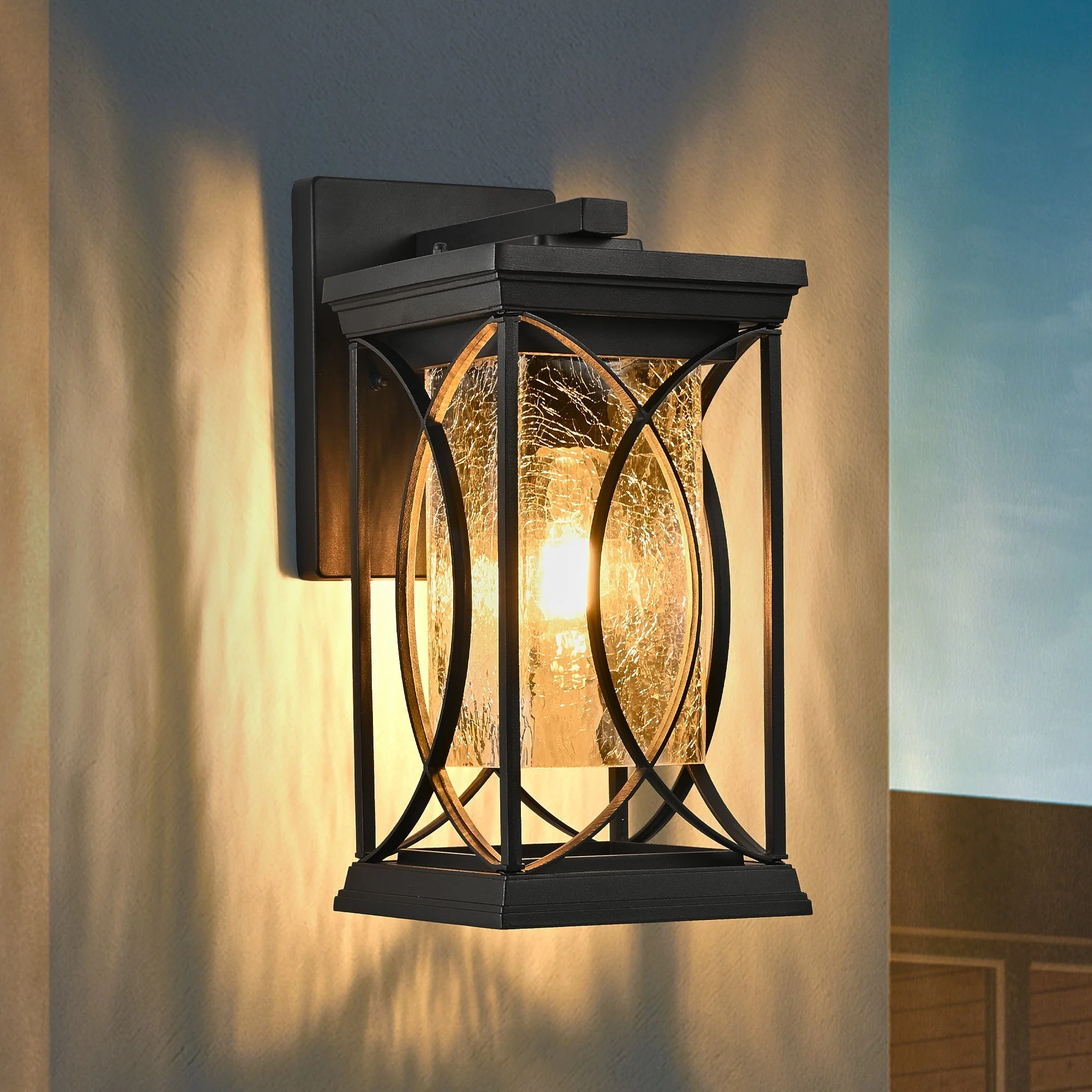 14'(H) Black Outdoor Wall Lantern with Crackled Glass - Image 5