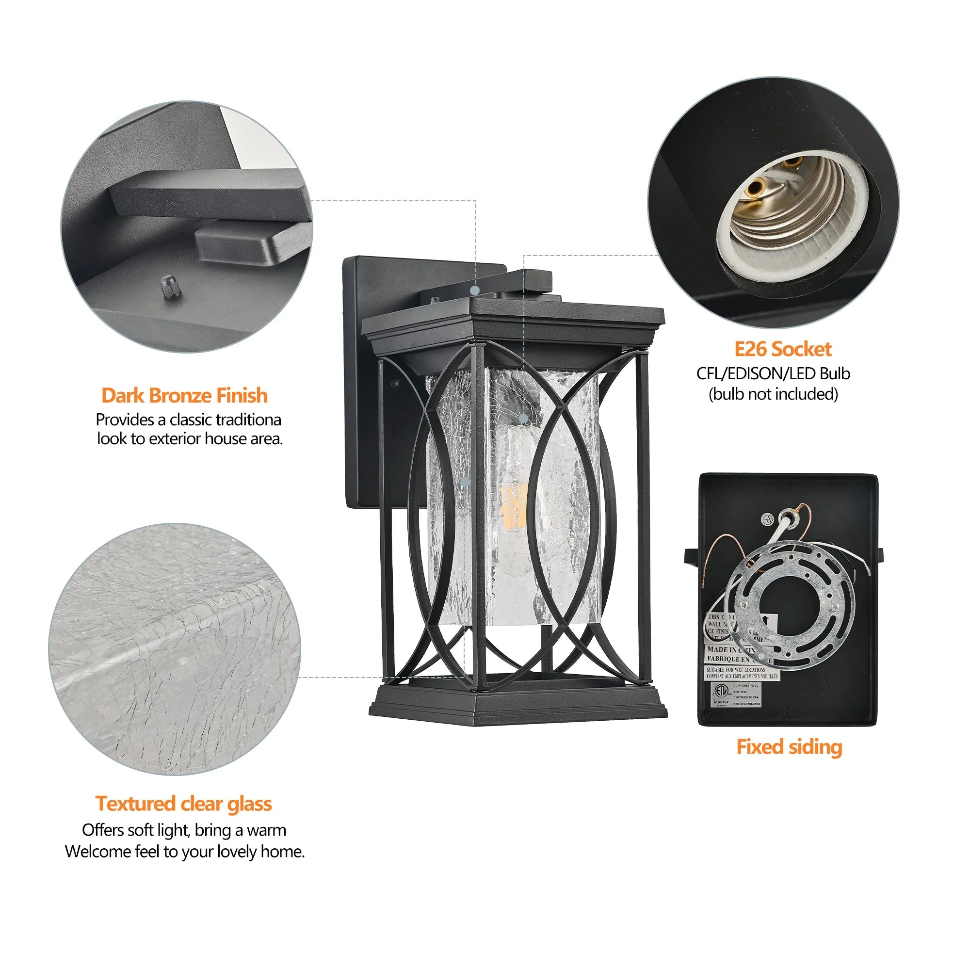 14'(H) Black Outdoor Wall Lantern with Crackled Glass - Image 9