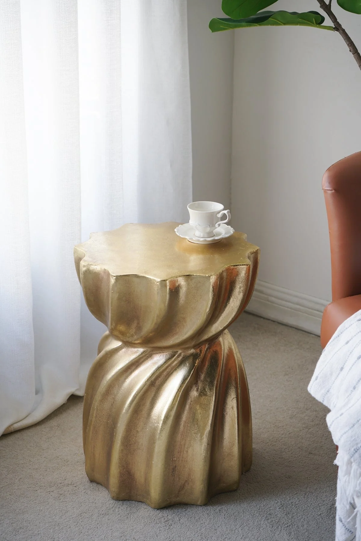14x14x18.7' Gold Magnesium Accent Stool with Sculptural Swirl Design - Image 2