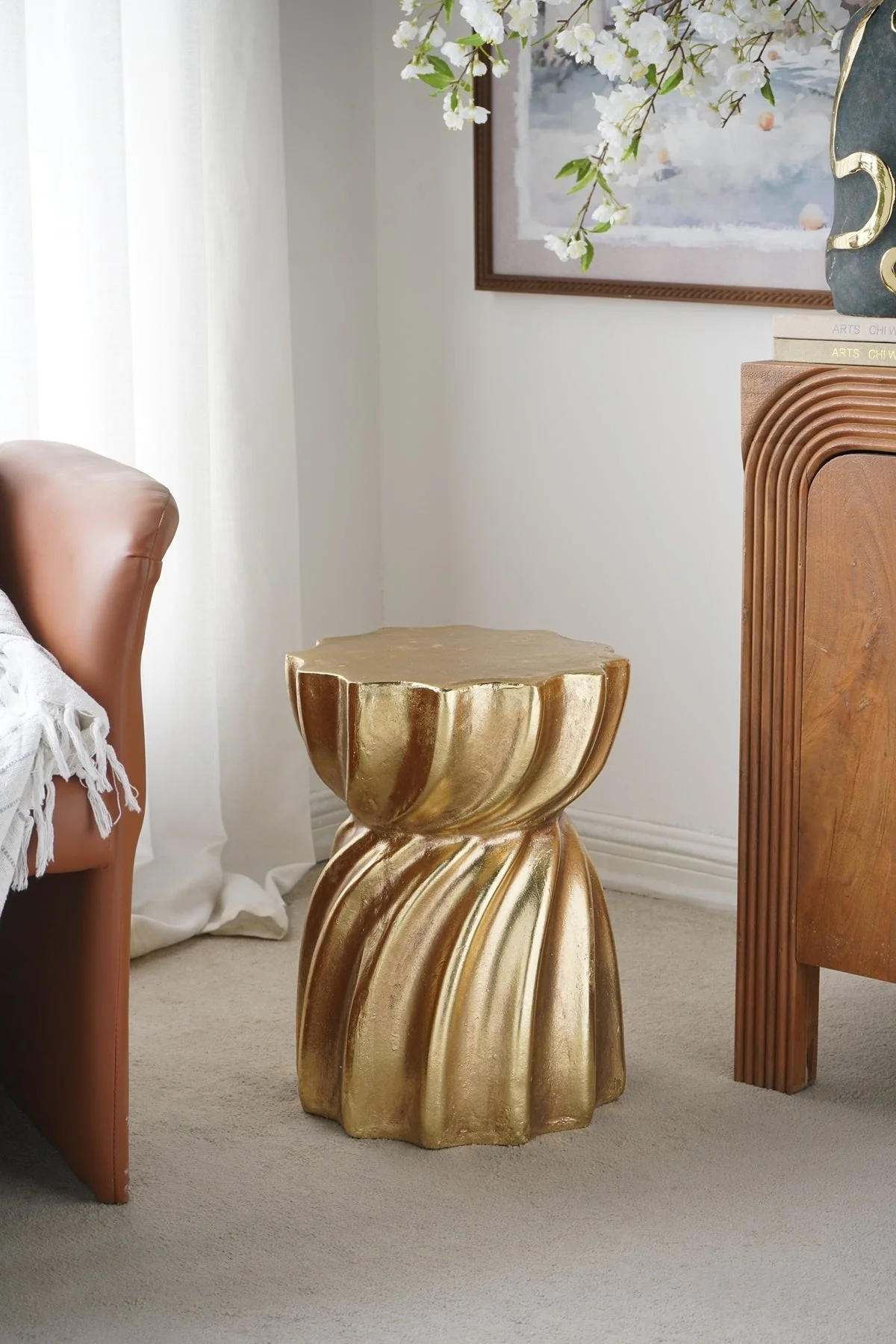 14x14x18.7' Gold Magnesium Accent Stool with Sculptural Swirl Design - Image 6