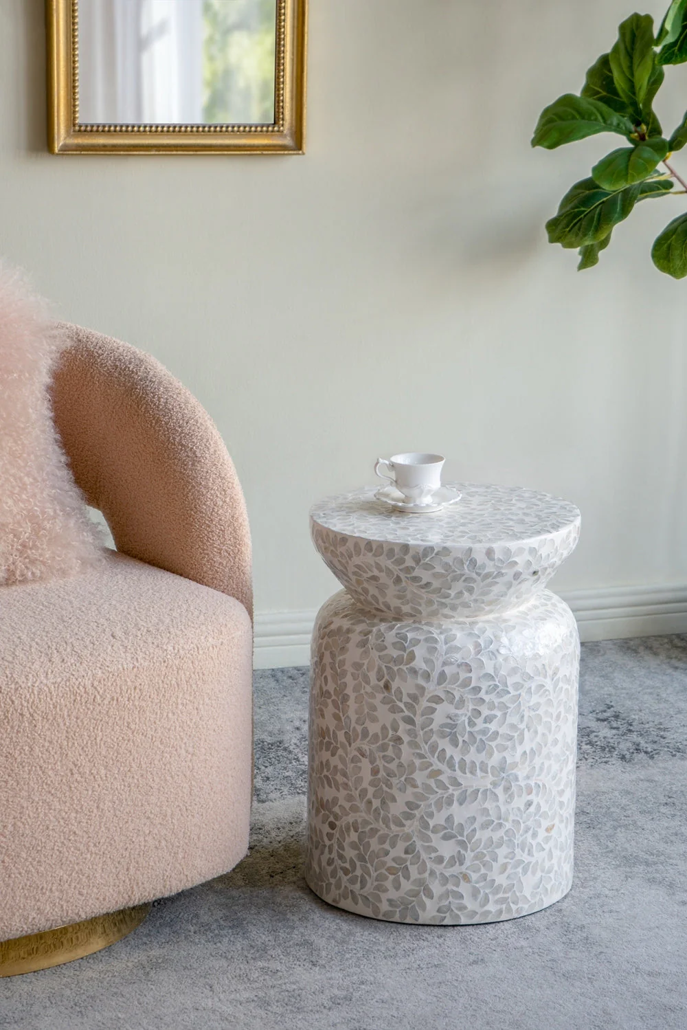 14x14x20 Round Bamboo Accent Table with White Capiz Shell Design - Image 2
