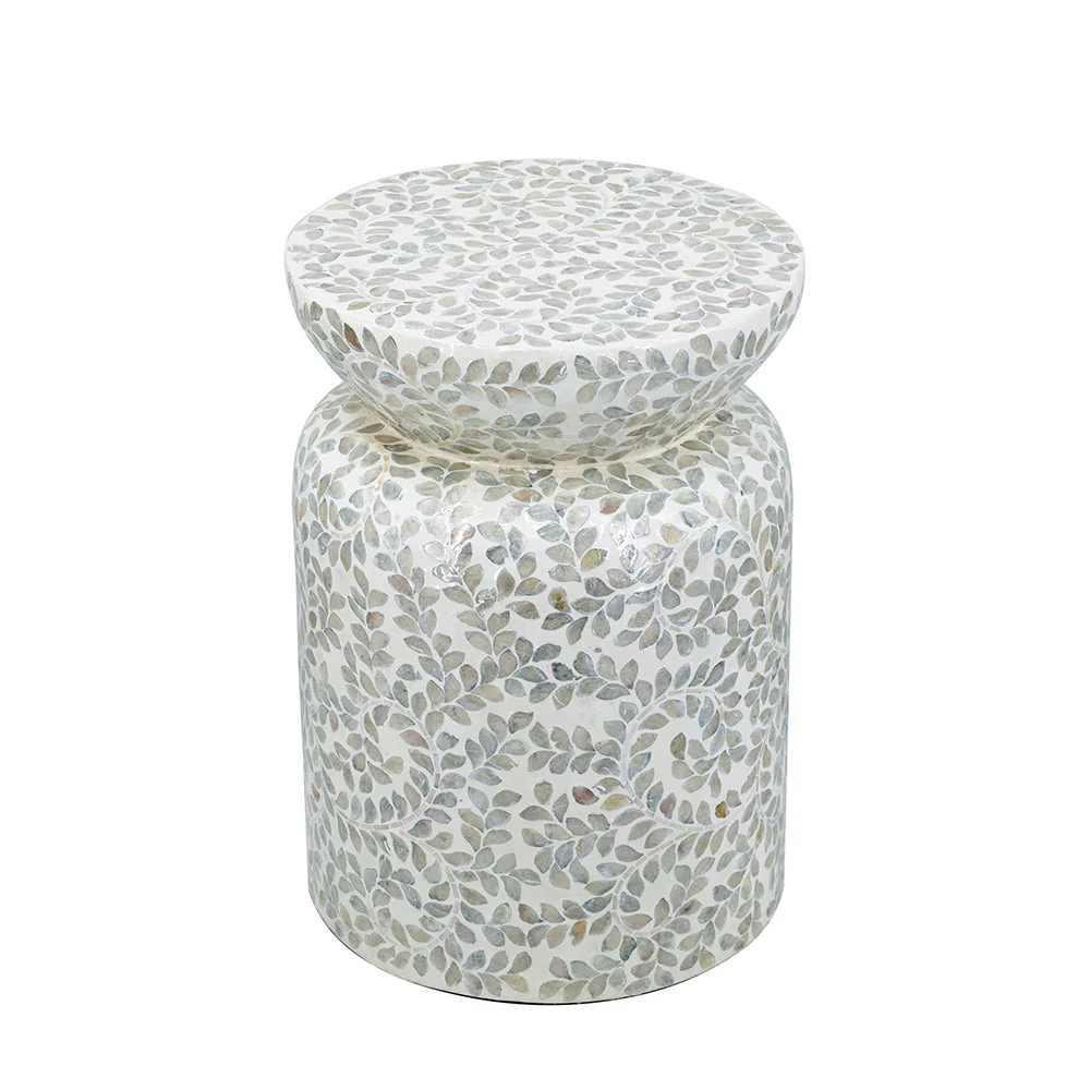 14x14x20 Round Bamboo Accent Table with White Capiz Shell Design - Image 3