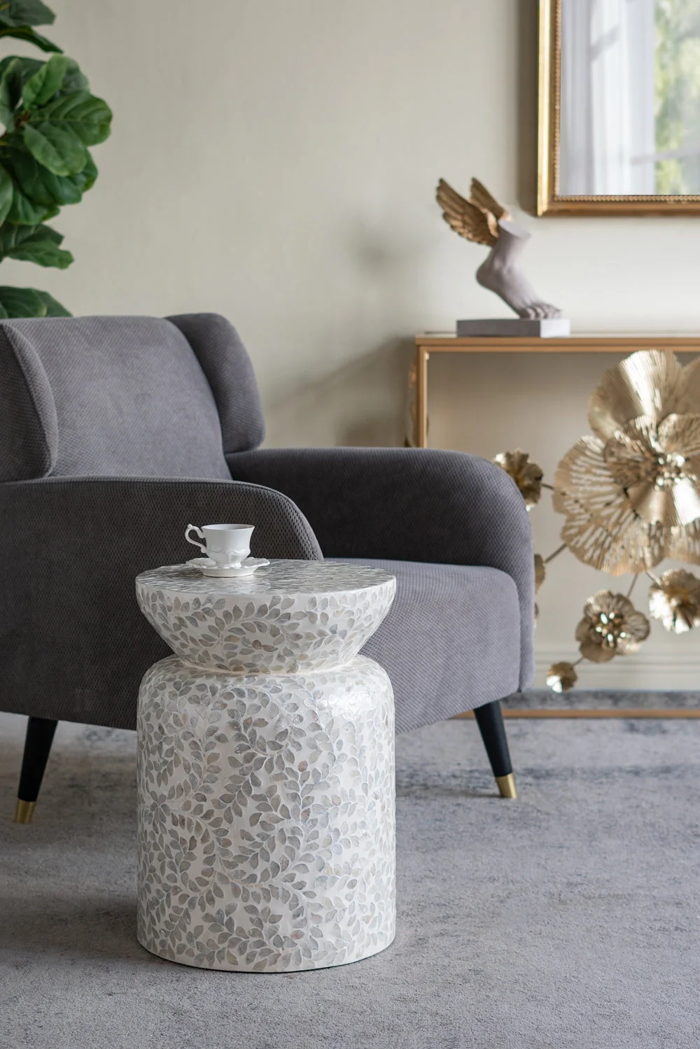 14x14x20 Round Bamboo Accent Table with White Capiz Shell Design - Image 6
