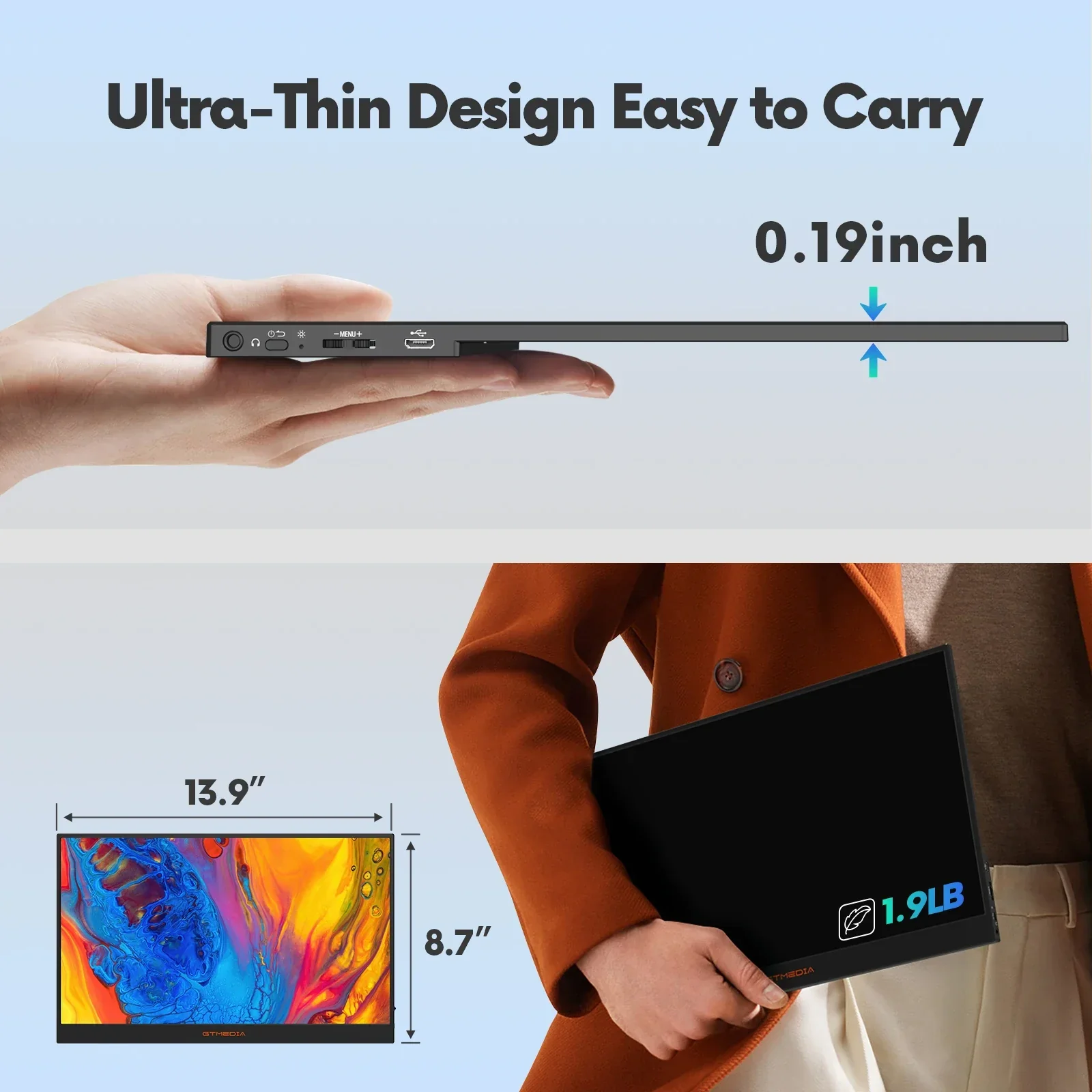 15.6" Portable Monitor GTMEDIA S15 FHD USB-C HDMI Laptop PC Gaming Second Screen - Image 2
