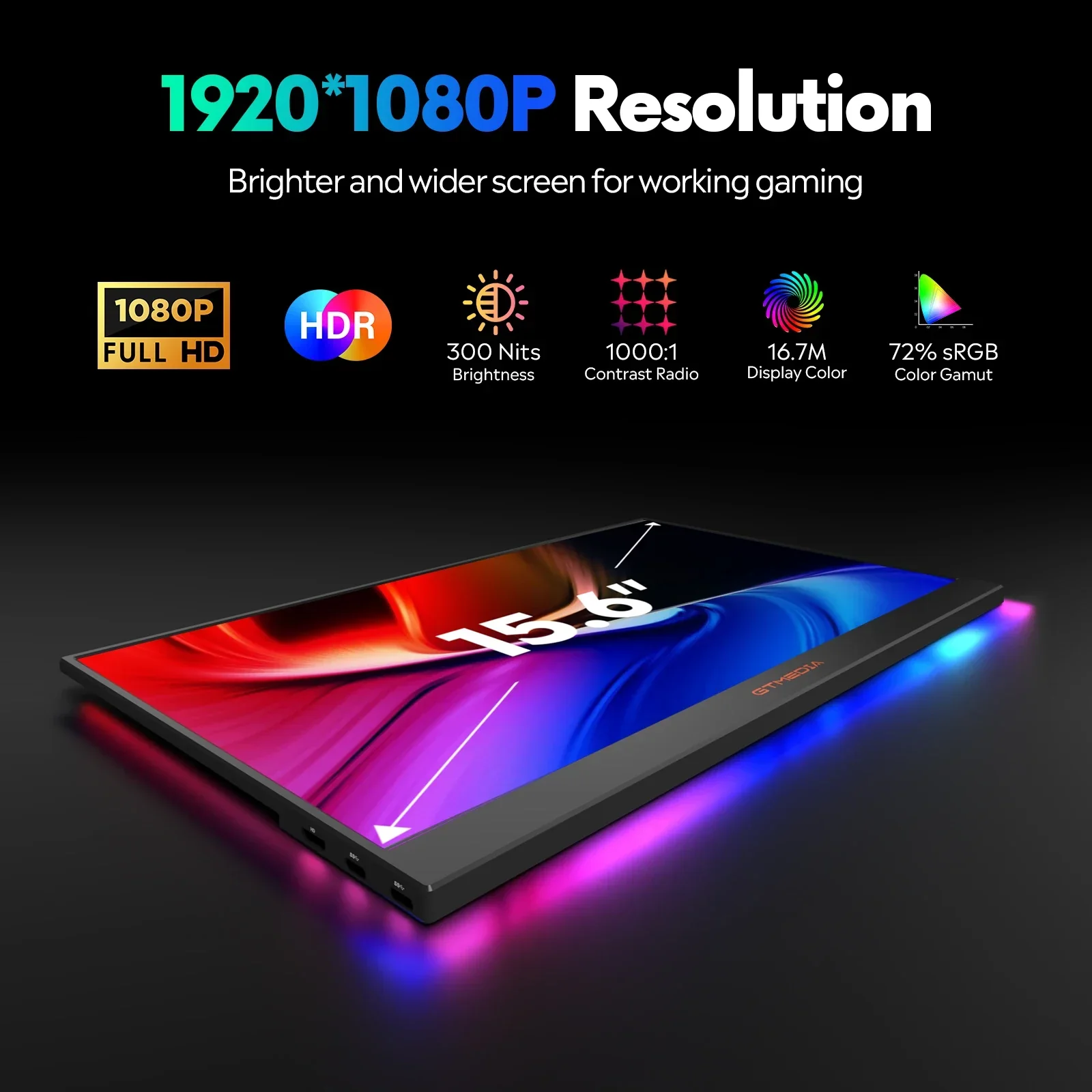 15.6" Portable Monitor GTMEDIA S15 FHD USB-C HDMI Laptop PC Gaming Second Screen - Image 4