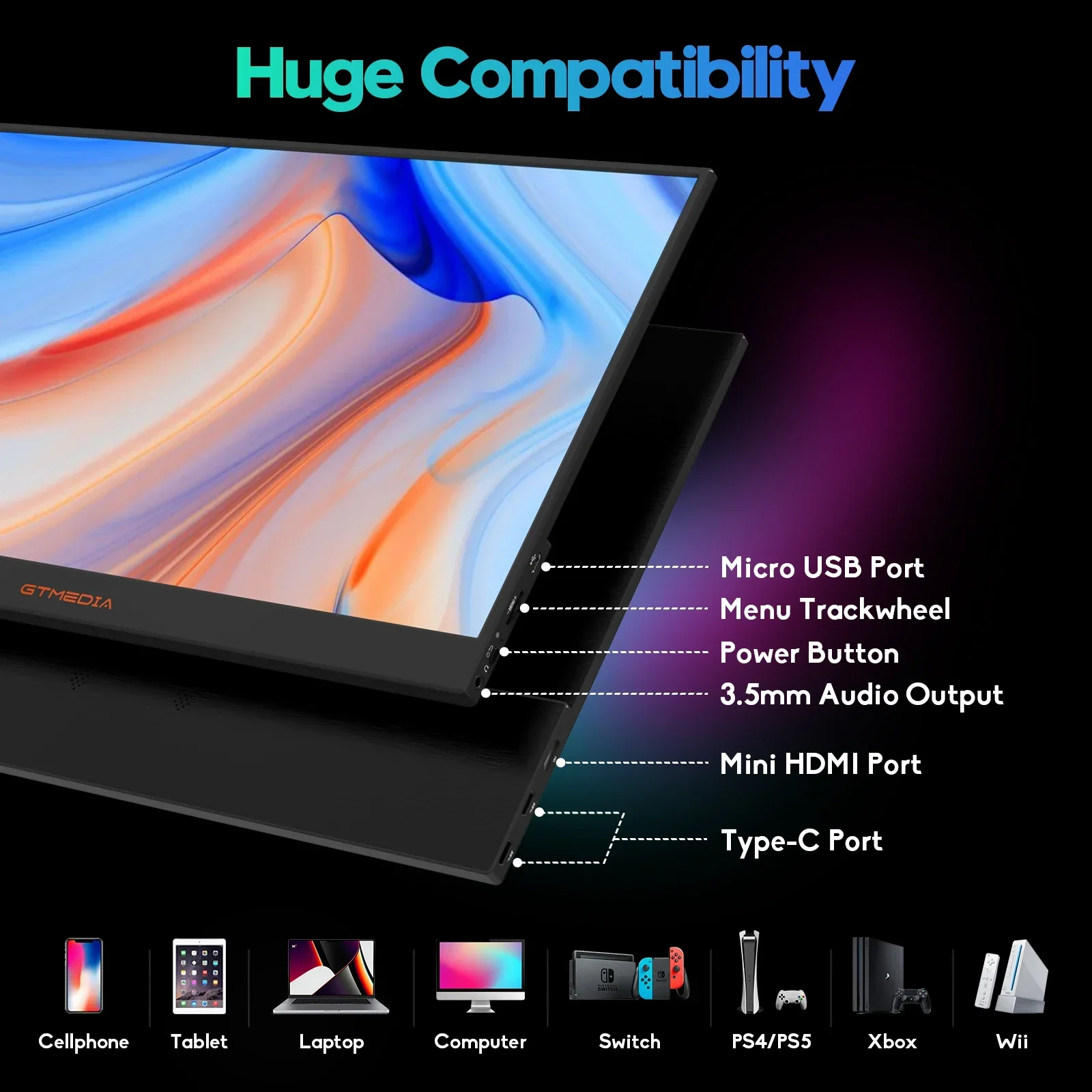 15.6" Portable Monitor GTMEDIA S15 FHD USB-C HDMI Laptop PC Gaming Second Screen - Image 5
