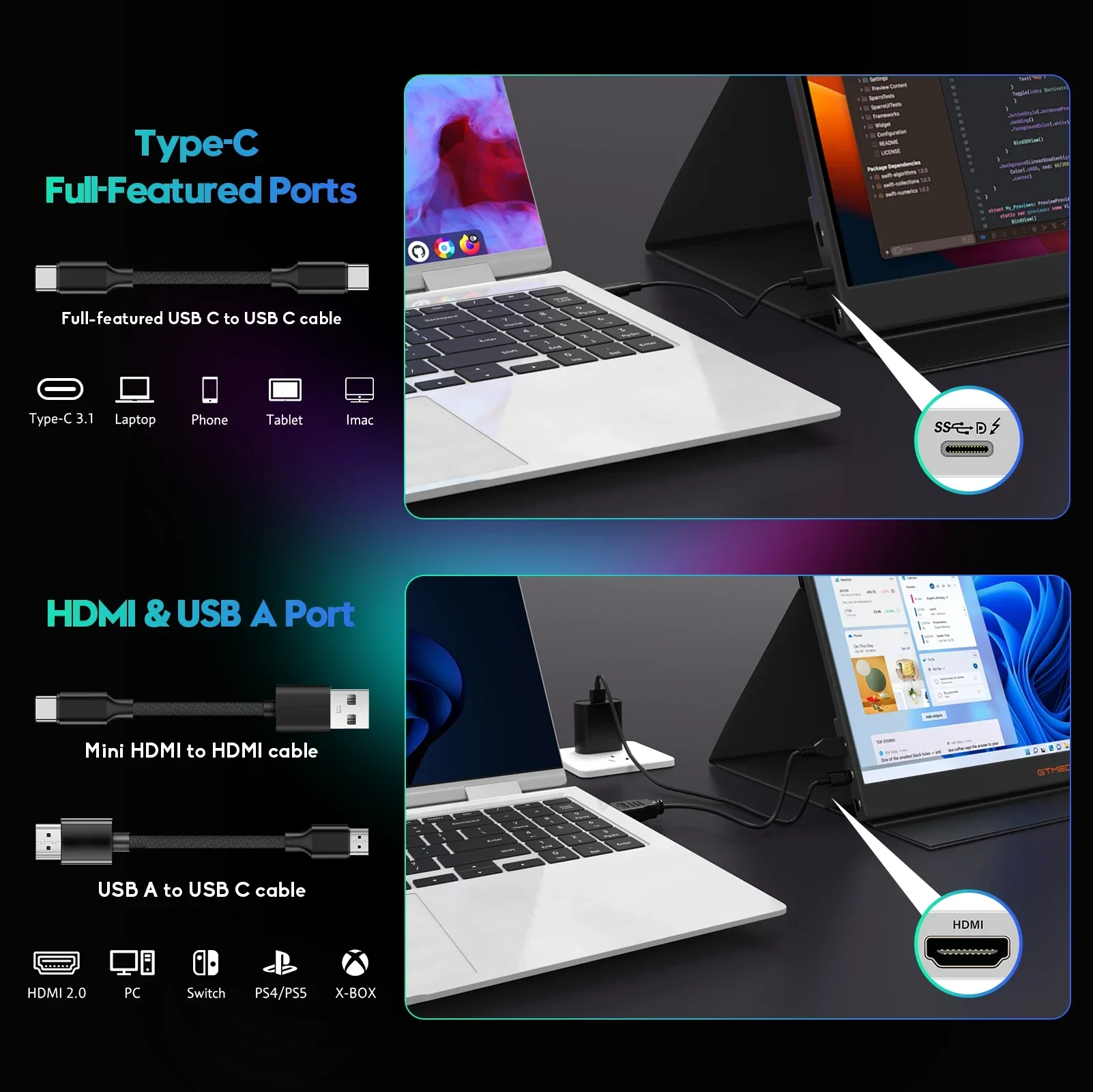 15.6" Portable Monitor GTMEDIA S15 FHD USB-C HDMI Laptop PC Gaming Second Screen - Image 6