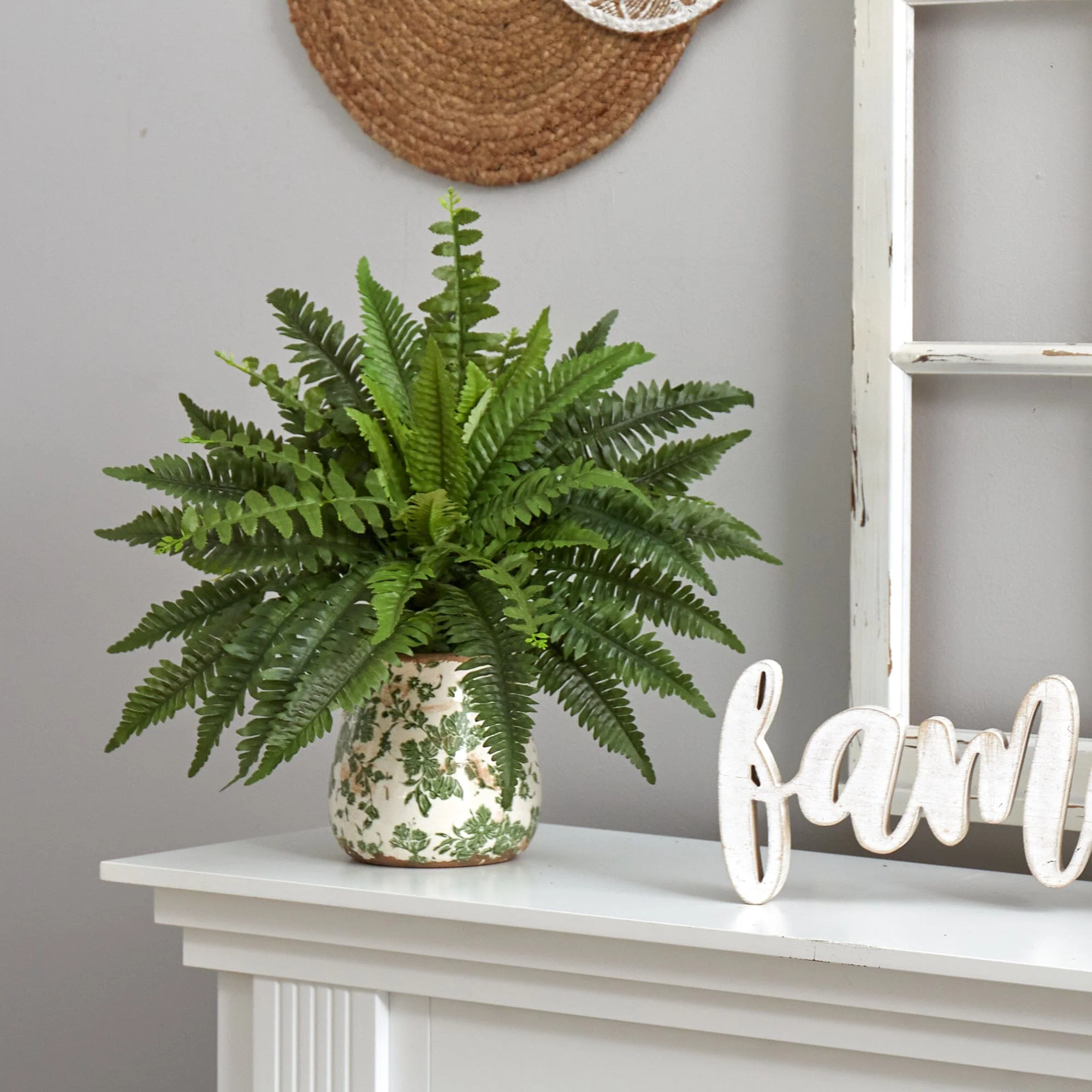 15” Boston Fern Artificial Plant with Tuscan Ceramic Green Scroll Planter - Image 2
