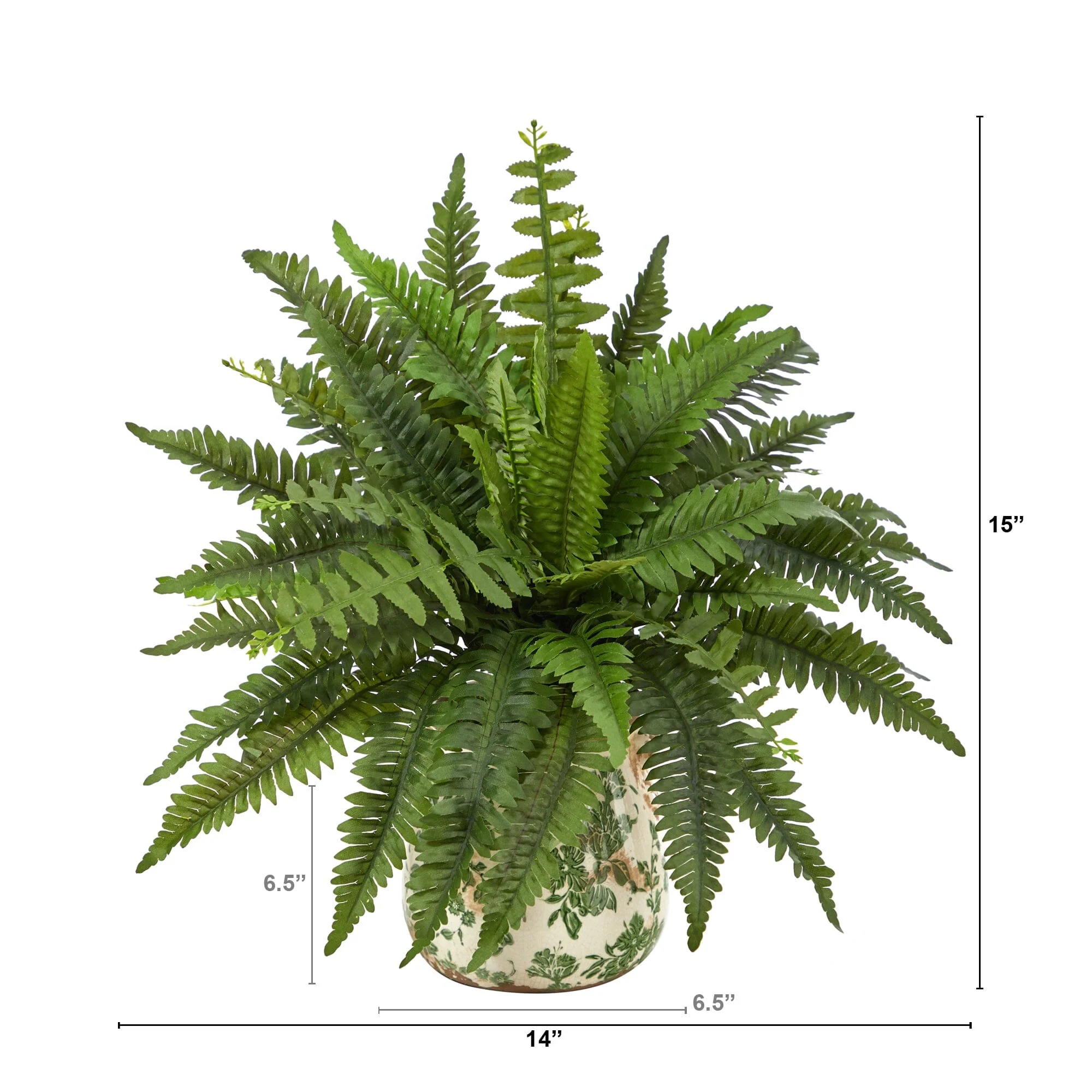 15” Boston Fern Artificial Plant with Tuscan Ceramic Green Scroll Planter - Image 3
