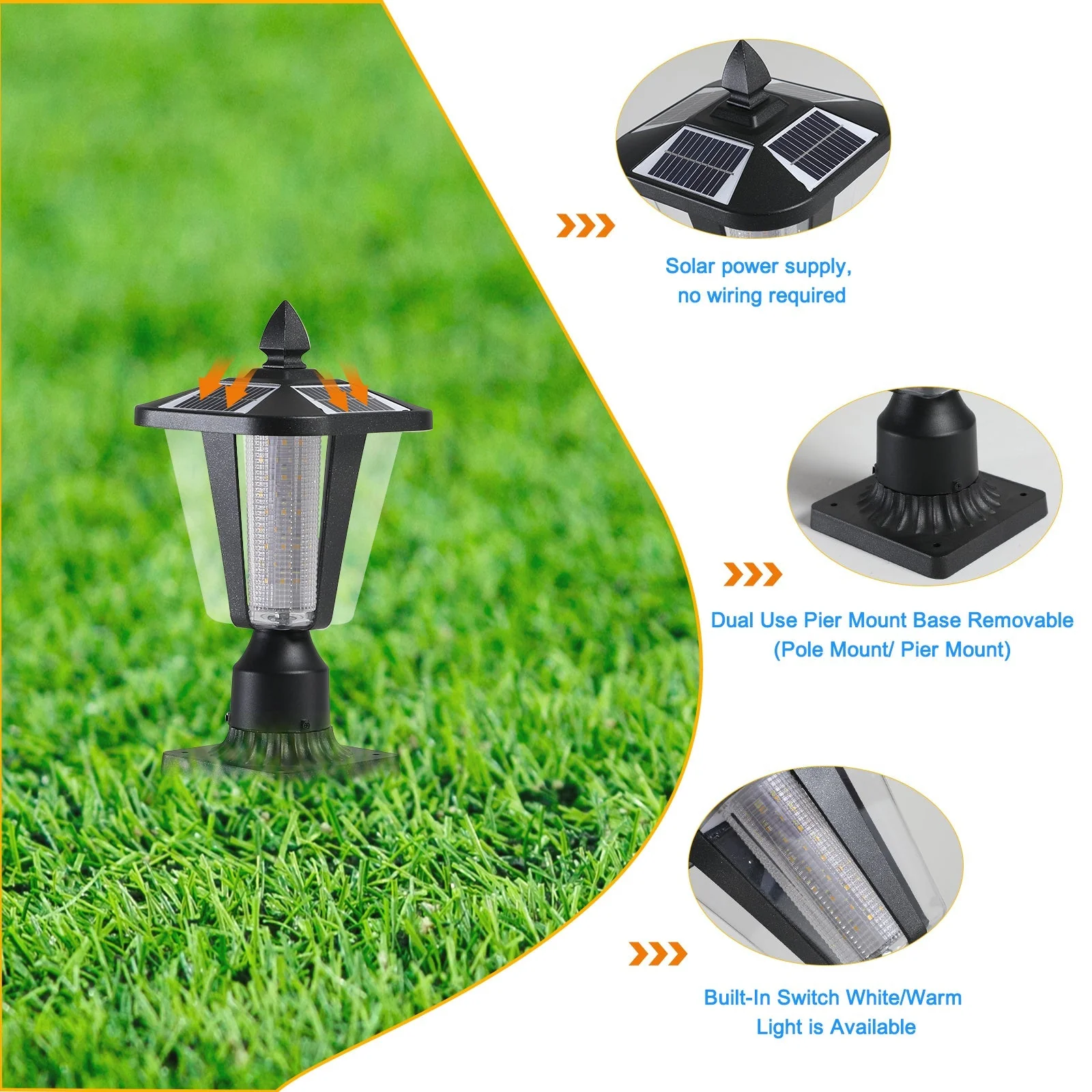 15' Solar Powered Outdoor Lantern, Modern Garden Light with LED (2-Pack) - Image 8