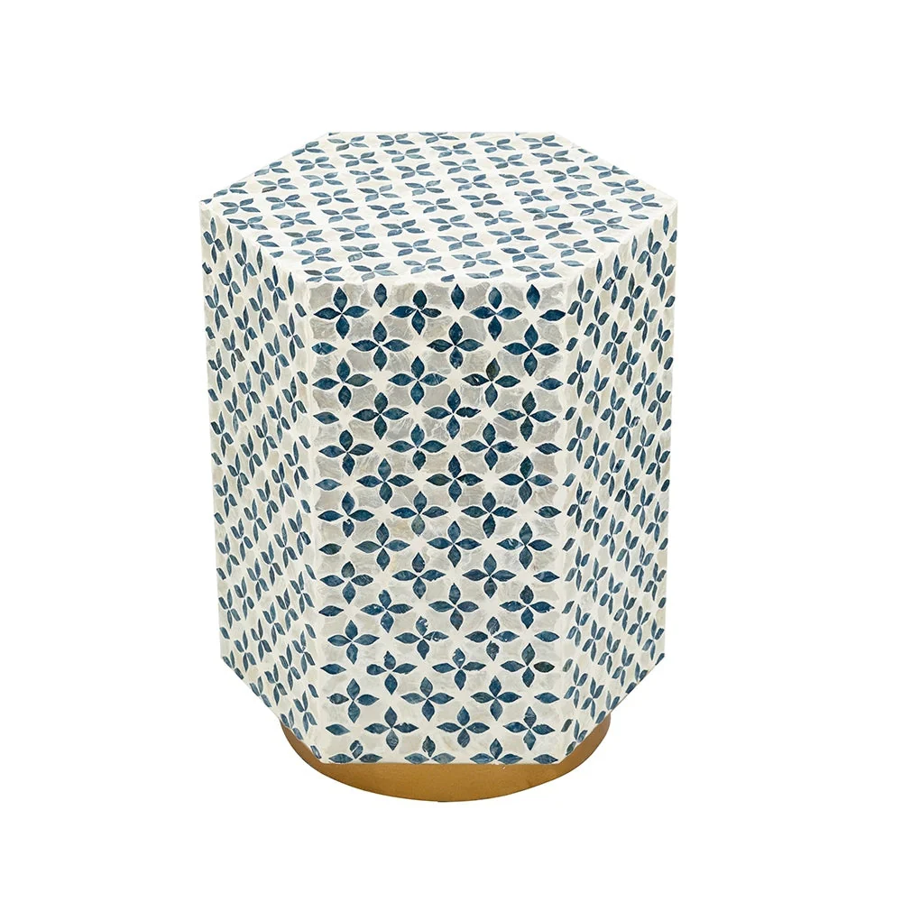 15x13x18.5" Hexagonal Accent Table with Blue Capiz Design and Gold Base - Image 2