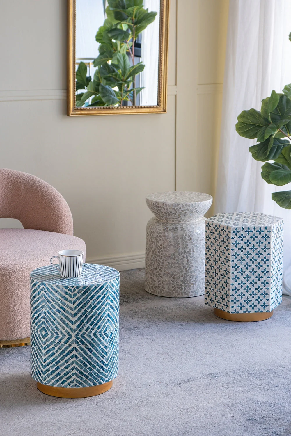 15x13x18.5" Hexagonal Accent Table with Blue Capiz Design and Gold Base - Image 4