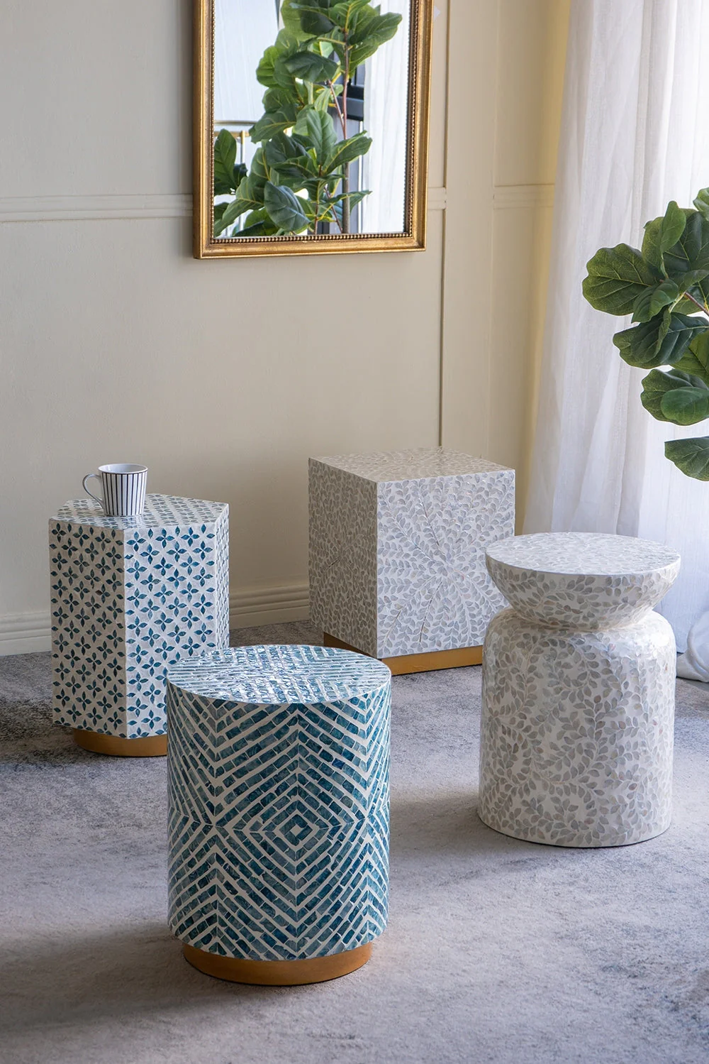 15x13x18.5" Hexagonal Accent Table with Blue Capiz Design and Gold Base - Image 5