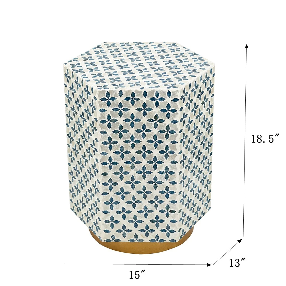 15x13x18.5" Hexagonal Accent Table with Blue Capiz Design and Gold Base - Image 6