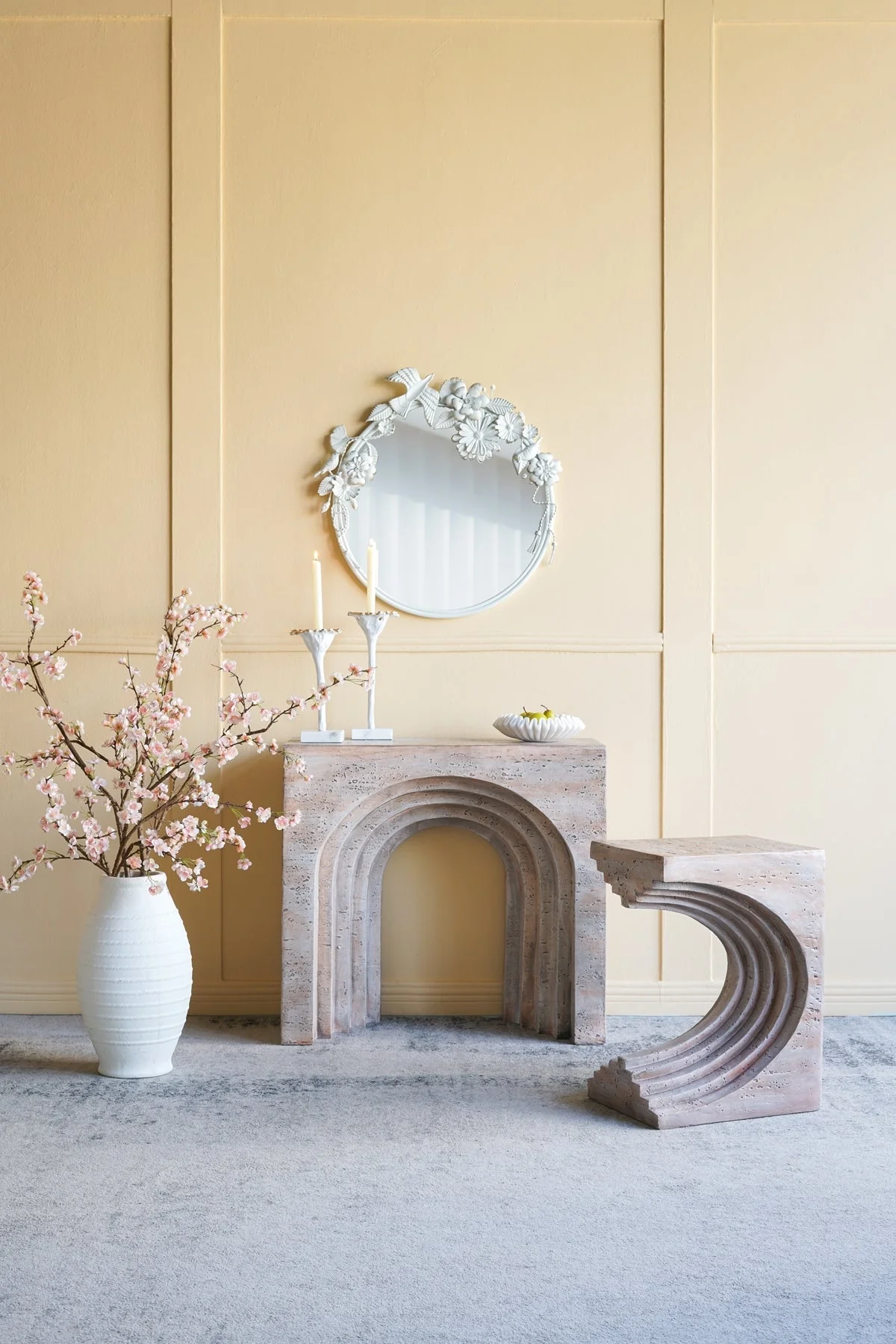 16.3x12.2x22.6 Modern Sculptural Arched Side Table with Faux Travertine Finish - Image 10