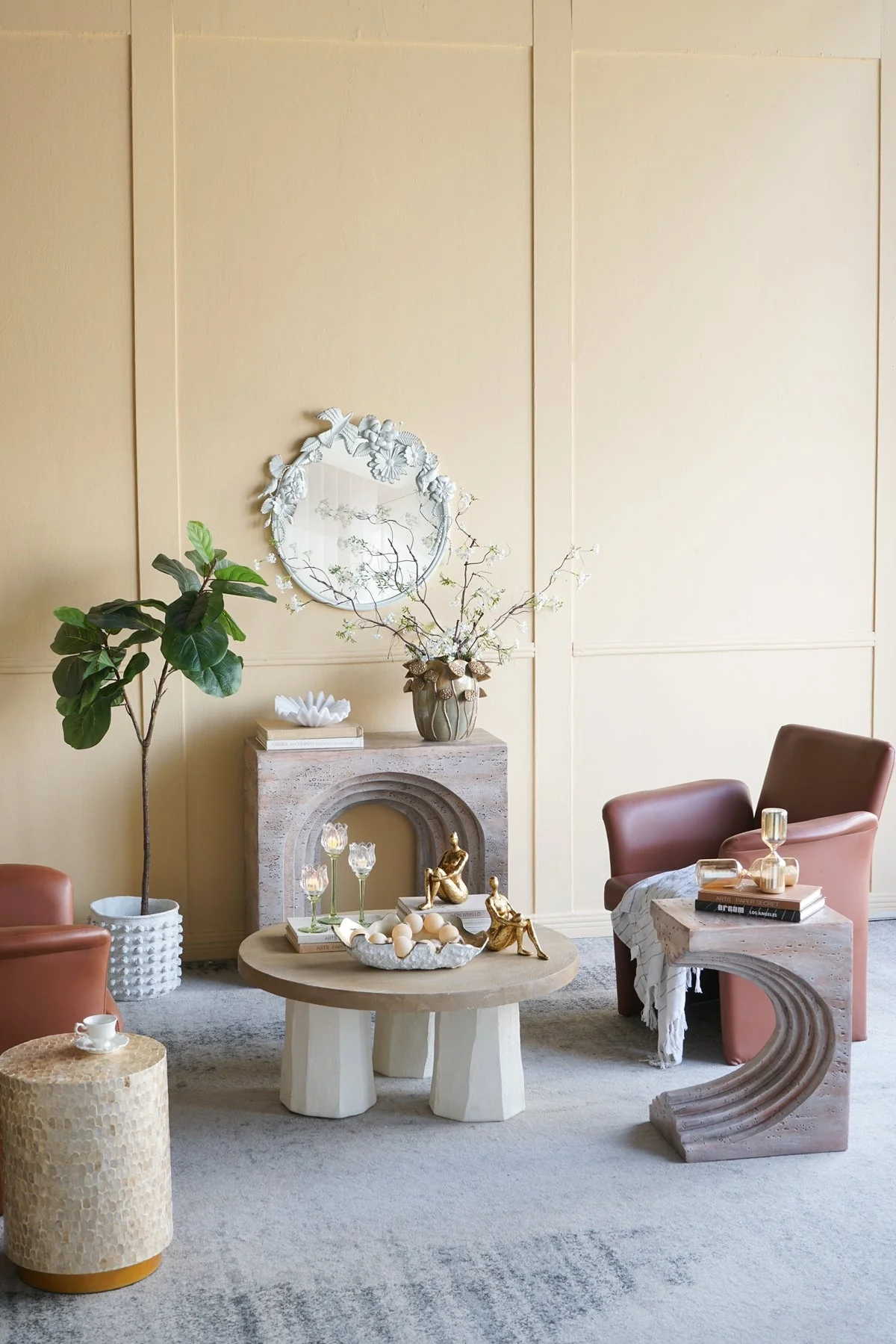 16.3x12.2x22.6 Modern Sculptural Arched Side Table with Faux Travertine Finish - Image 11