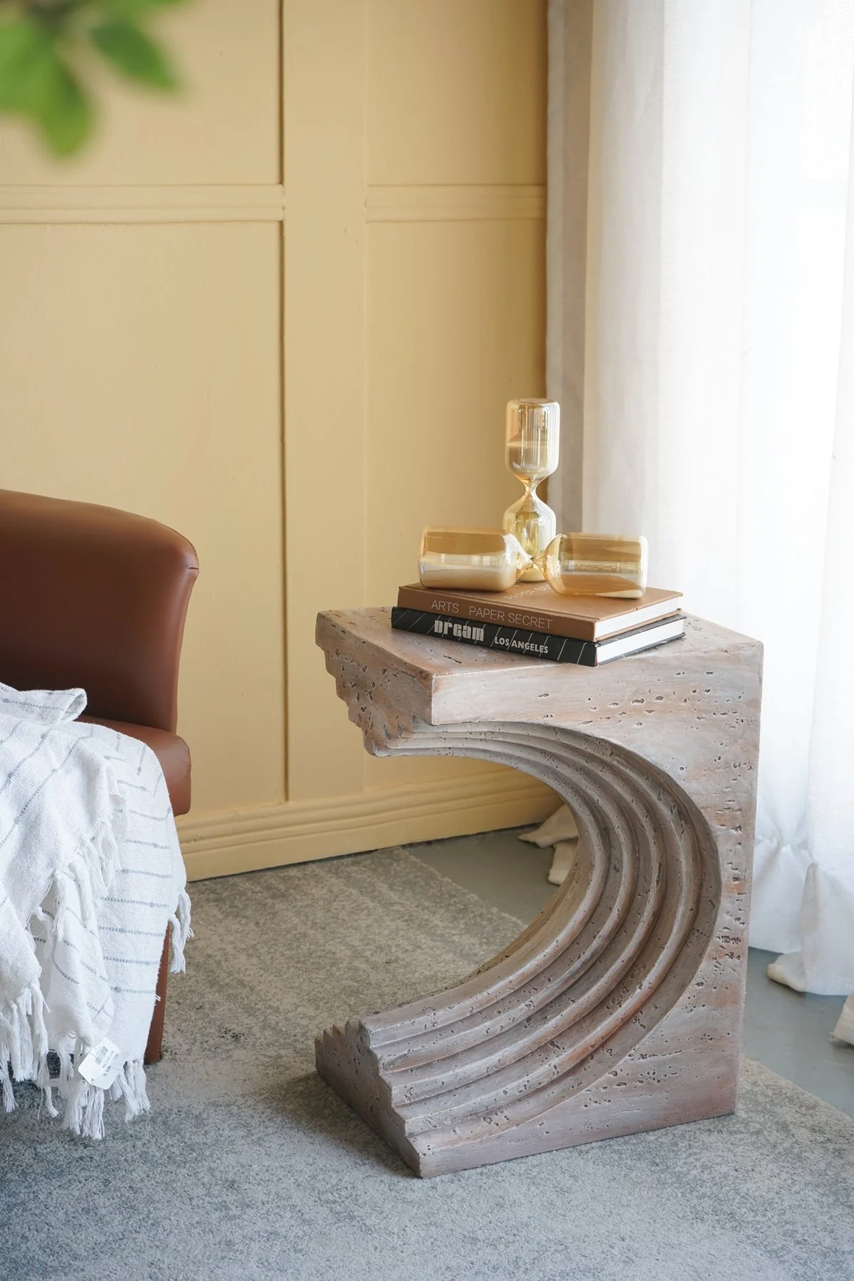 16.3x12.2x22.6 Modern Sculptural Arched Side Table with Faux Travertine Finish - Image 2