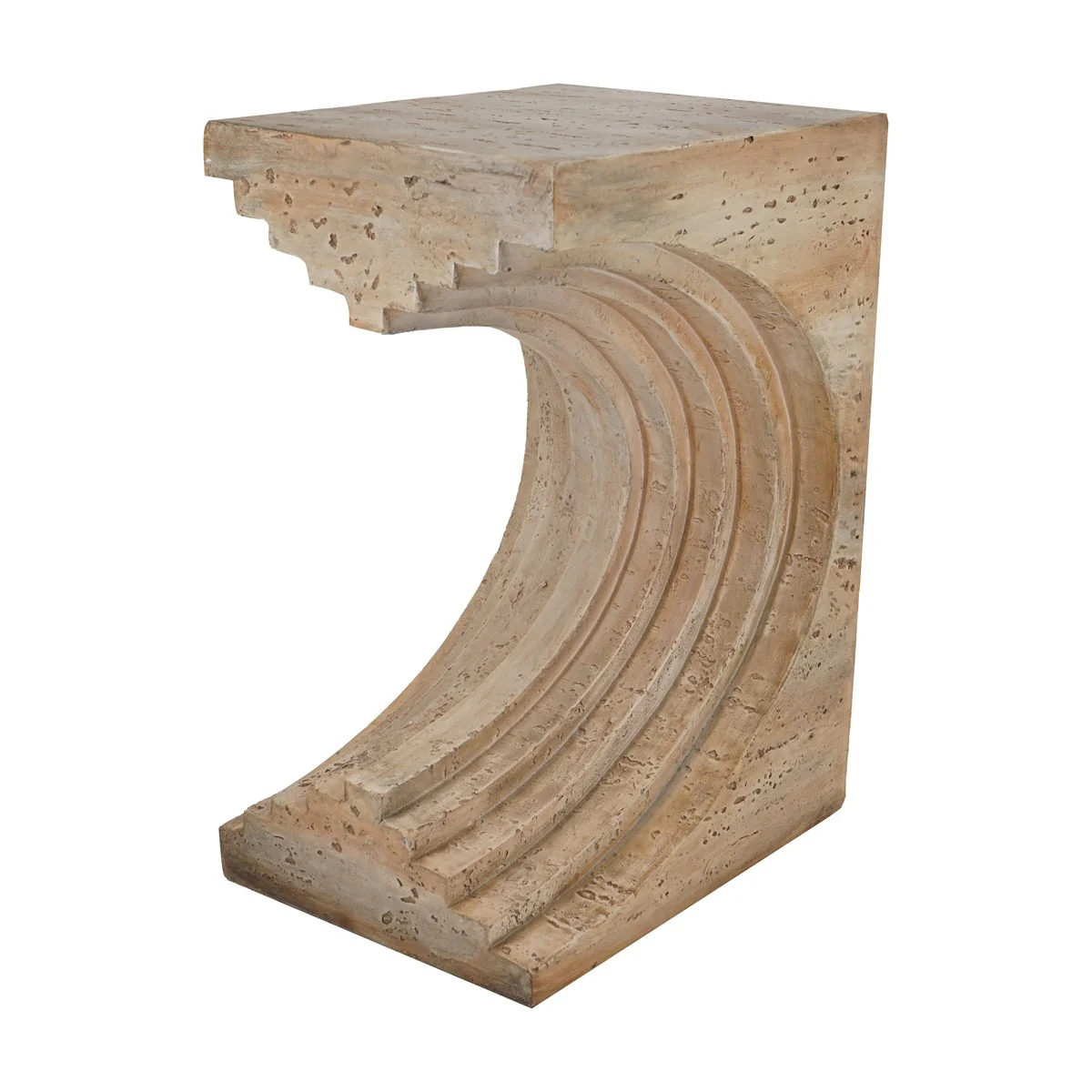 16.3x12.2x22.6 Modern Sculptural Arched Side Table with Faux Travertine Finish - Image 3