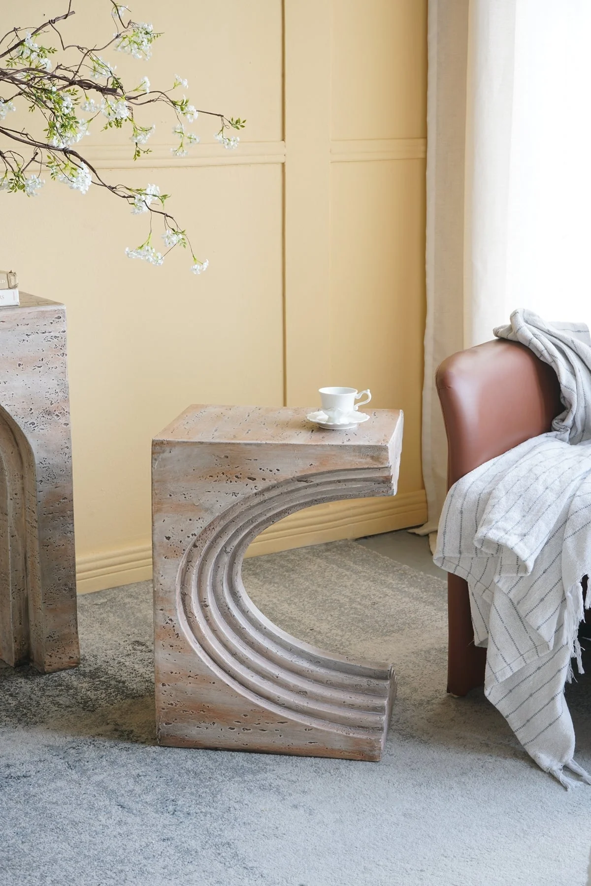 16.3x12.2x22.6 Modern Sculptural Arched Side Table with Faux Travertine Finish - Image 8