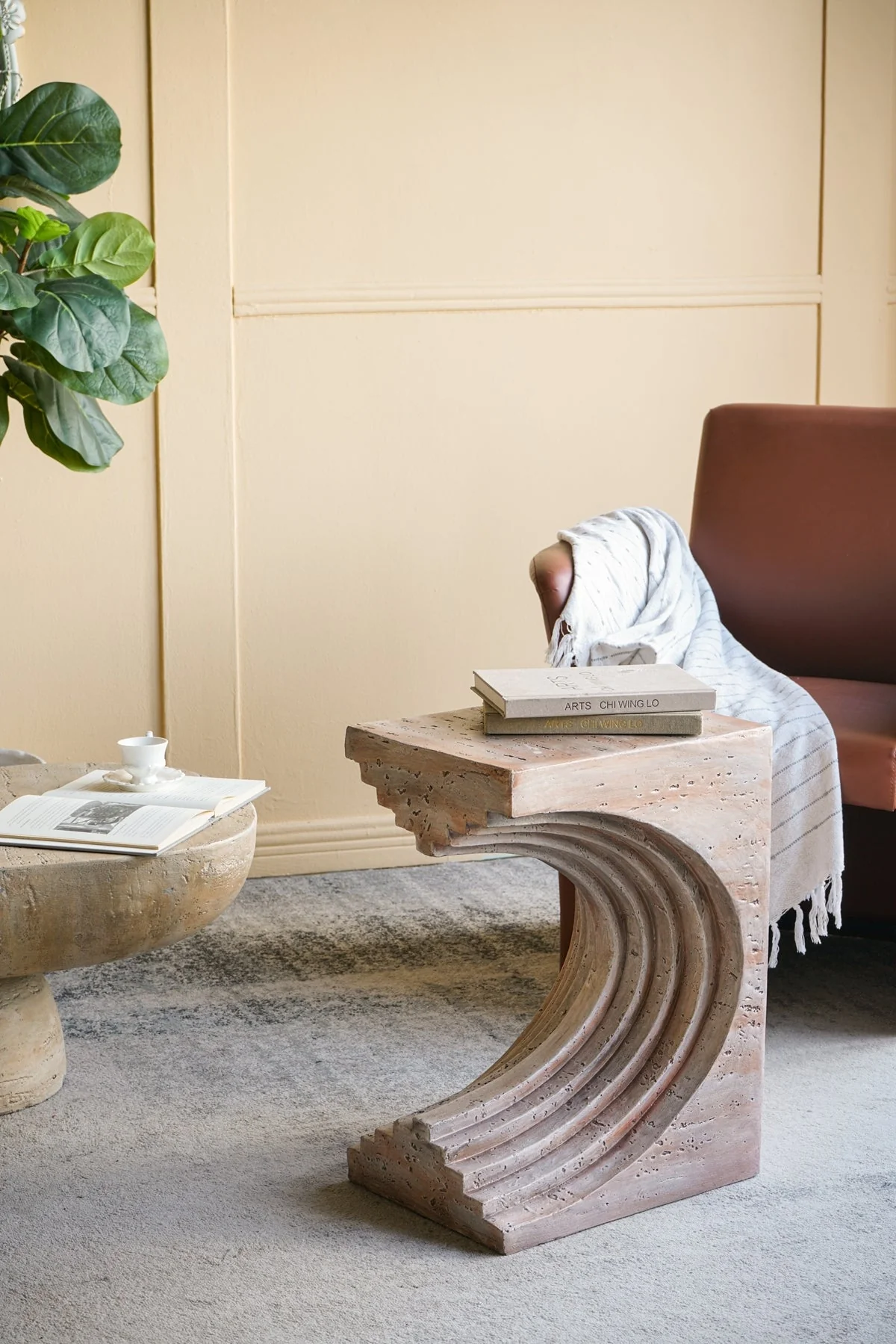 16.3x12.2x22.6 Modern Sculptural Arched Side Table with Faux Travertine Finish - Image 9