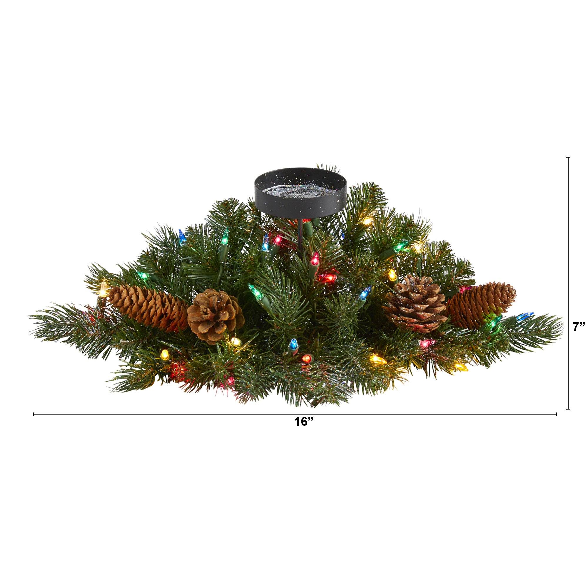 16” Flocked and Glittered Artificial Christmas Pine Candelabrum with 35 Multicolored Lights and Pine Cones - Image 2