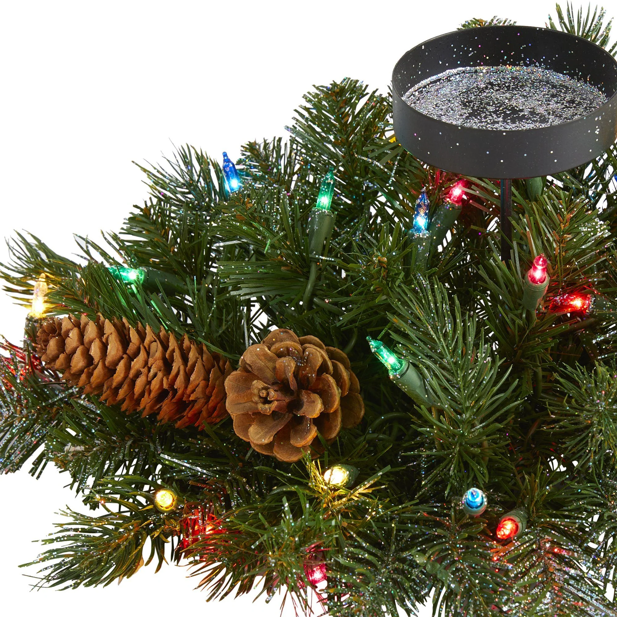 16” Flocked and Glittered Artificial Christmas Pine Candelabrum with 35 Multicolored Lights and Pine Cones - Image 3