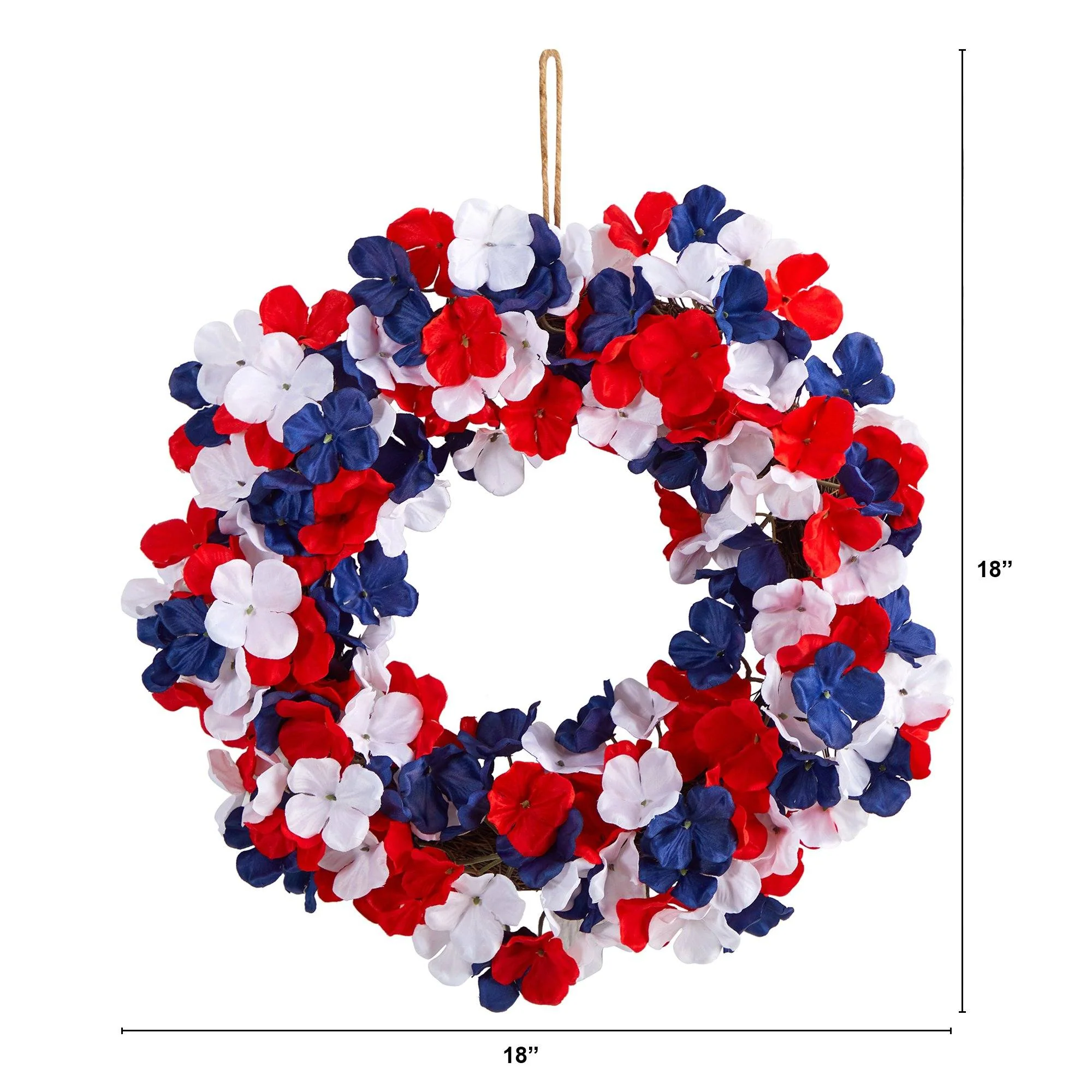 18” Americana Patriotic Hydrangea Artificial Wreath Red White and Blue - Image 2