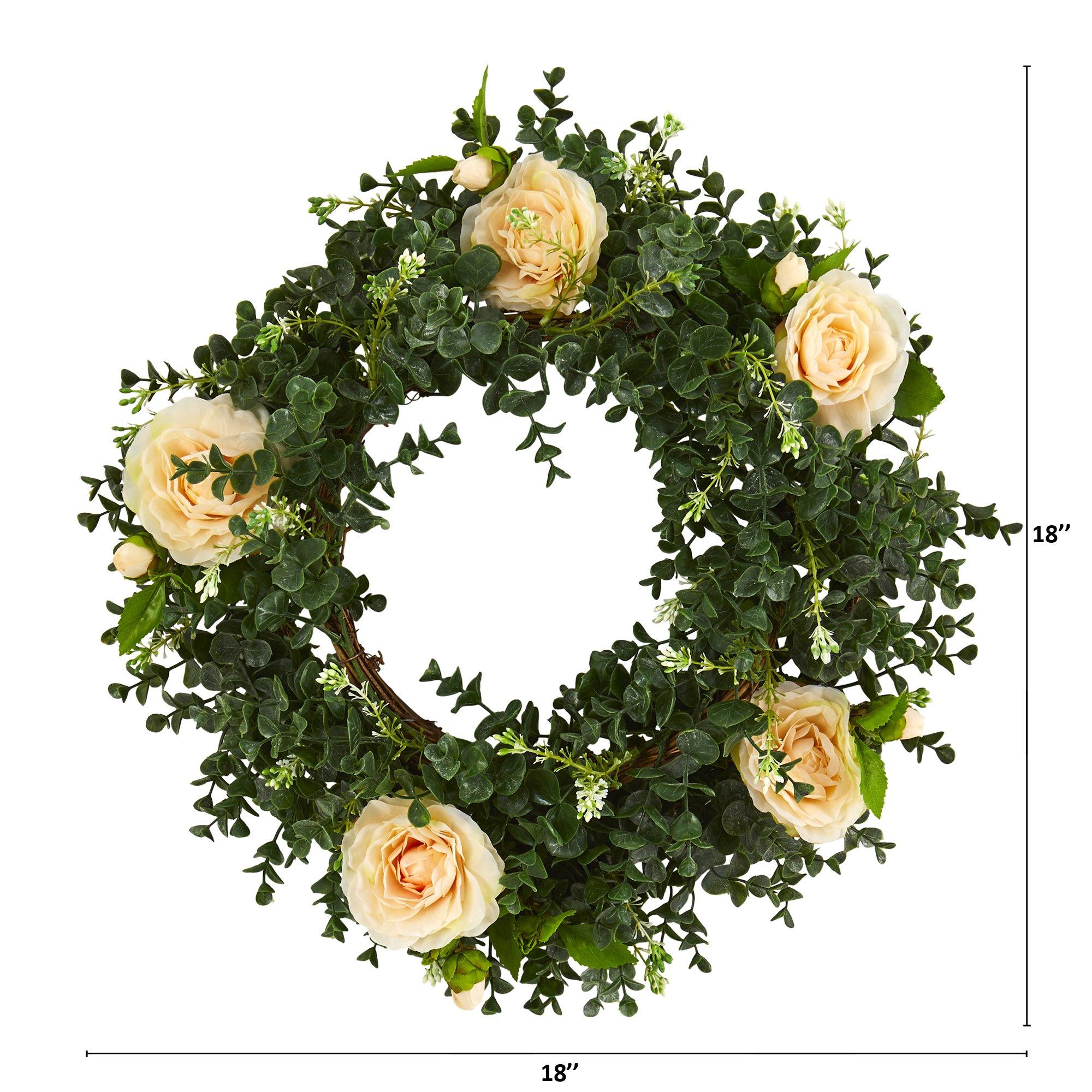18” Eucalyptus and Camellia Double Ring Artificial Wreath with Twig Base - Image 2