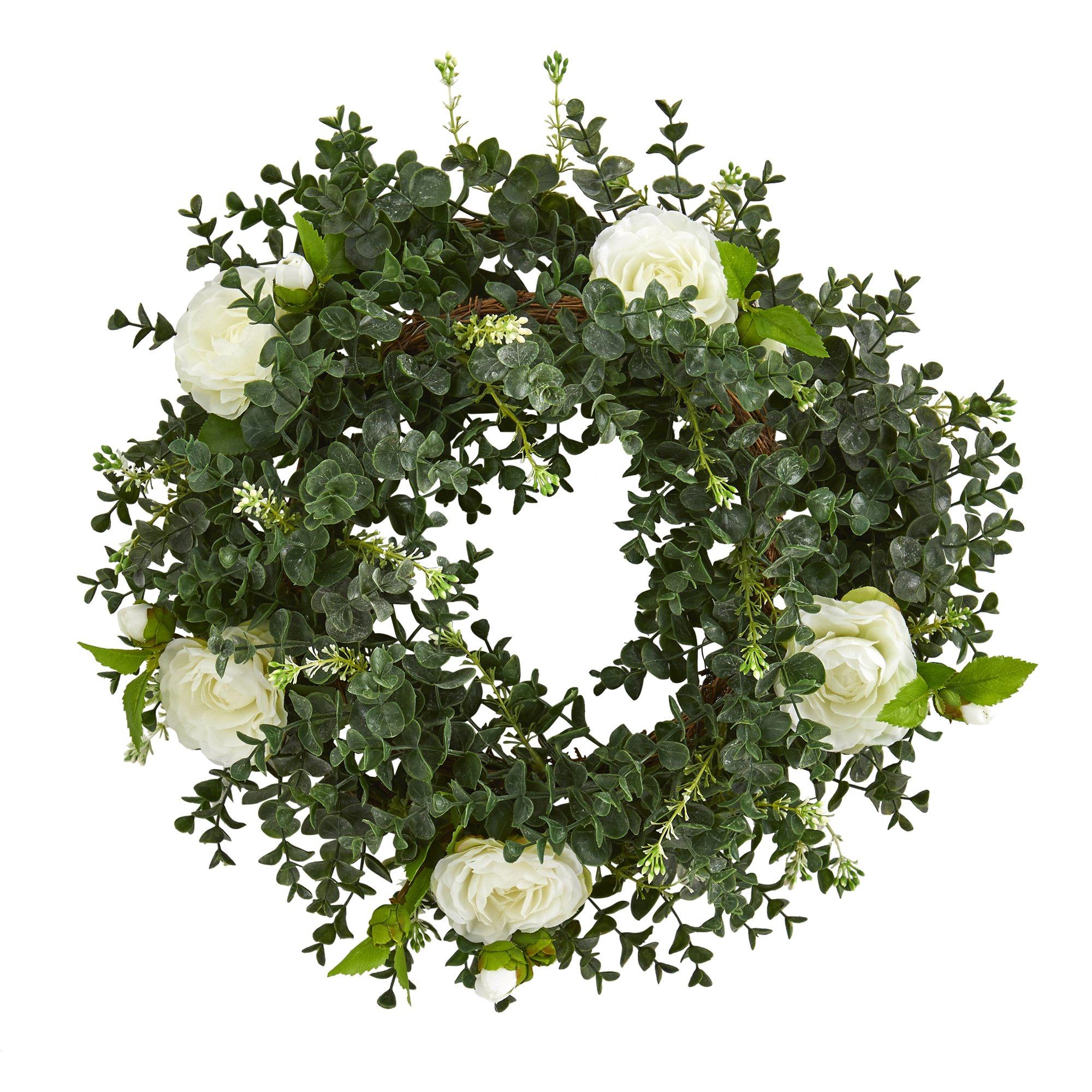 18” Eucalyptus and Camellia Double Ring Artificial Wreath with Twig Base - Image 3