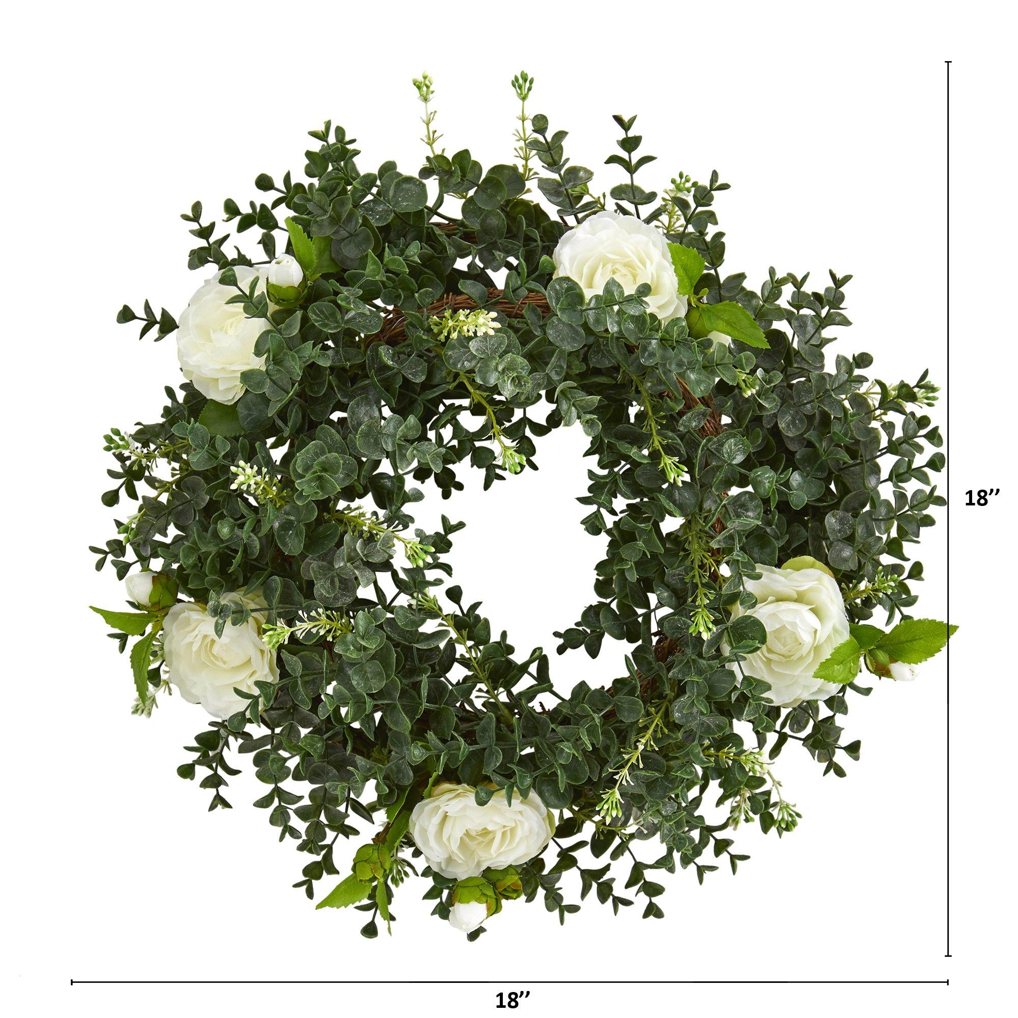 18” Eucalyptus and Camellia Double Ring Artificial Wreath with Twig Base - Image 4