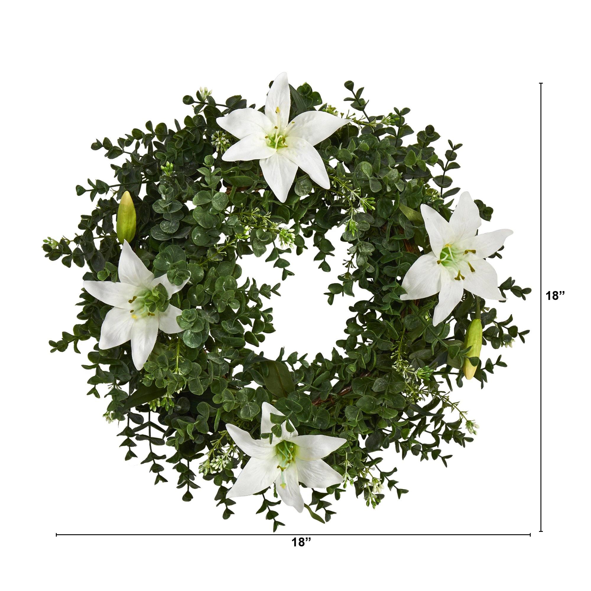 18” Eucalyptus and Lily Double Ring Artificial Wreath with Twig Base - Image 2