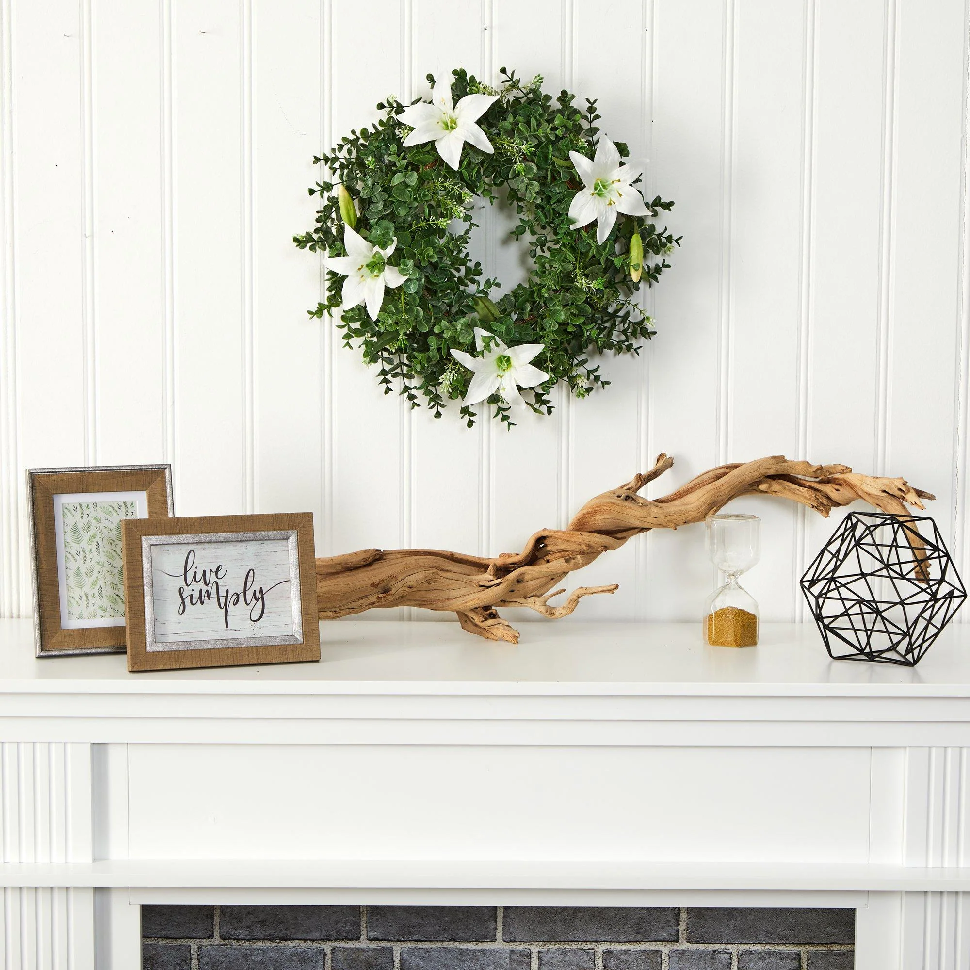 18” Eucalyptus and Lily Double Ring Artificial Wreath with Twig Base - Image 3