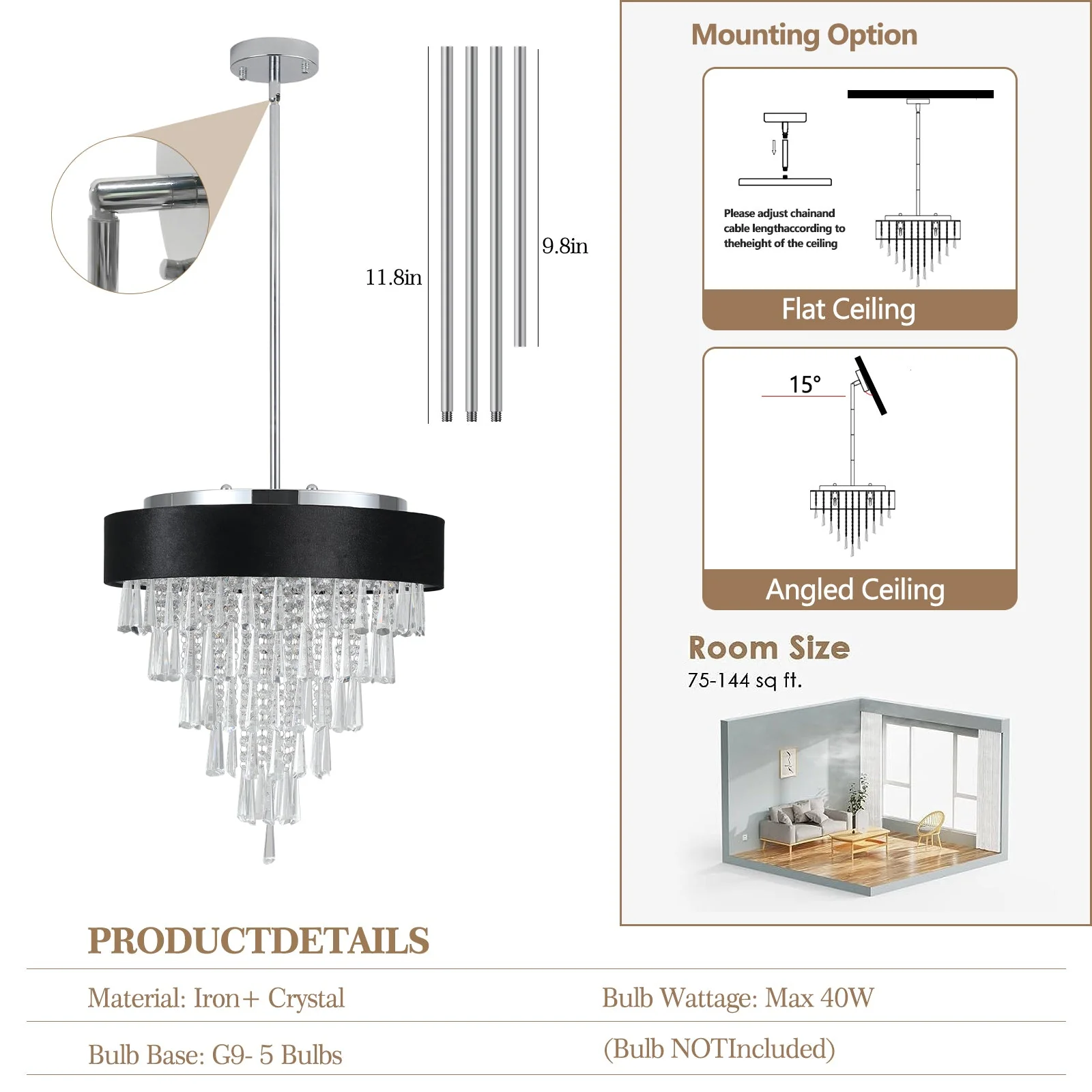 18-inch Modern Crystal Chandelier with Black Velvet Shade - Image 10