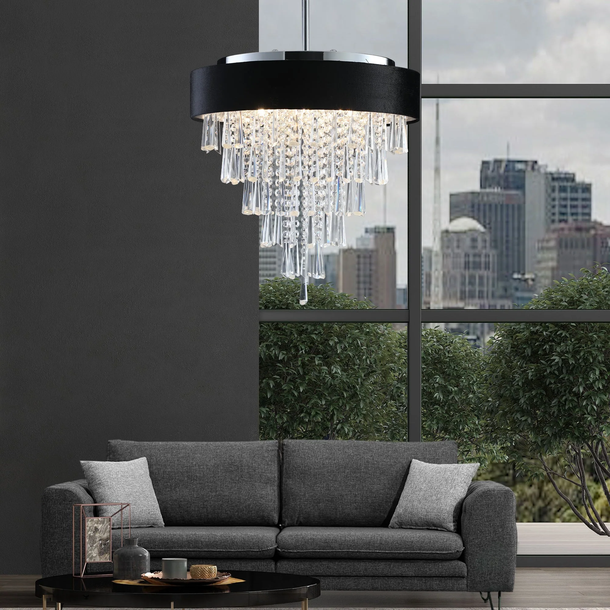18-inch Modern Crystal Chandelier with Black Velvet Shade - Image 4