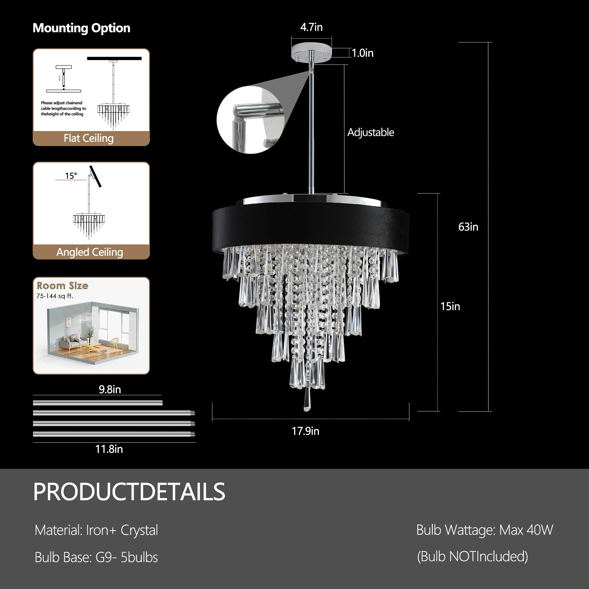 18-inch Modern Crystal Chandelier with Black Velvet Shade - Image 9