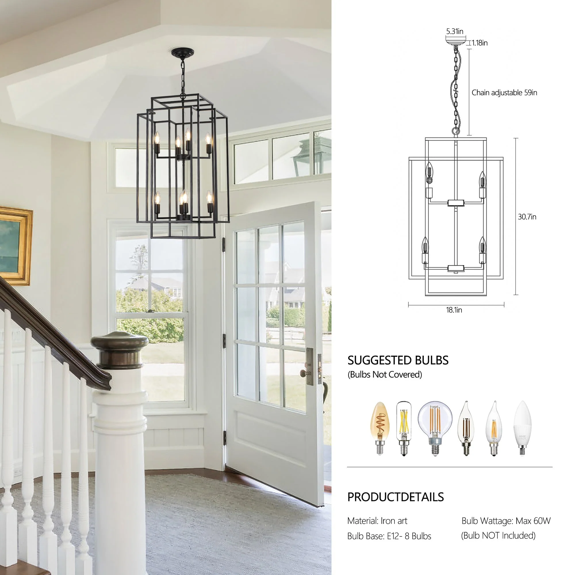 18' Modern 8-Light Black Geometric Pendant Chandelier - Image 10